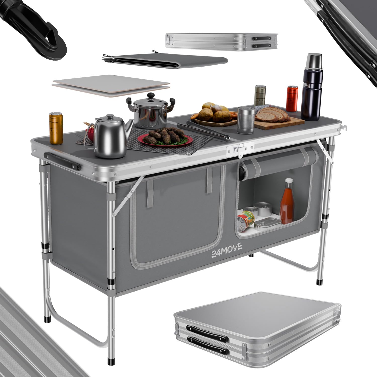 24MOVE® Campingküche faltbar, höhenverstellbarer Campingschrank Alu Reiseküche mit Arbeitsplatte und Staufächern, Outdoor Camping inkl. Tragetasche