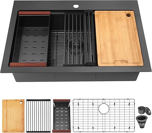 Miniatura 8 de LQS Fregadero de cocina negro, fregadero de cocina desplegable de 33 x 22 pulgadas, fregadero de acero inoxidable calibre 16, montaje superior
