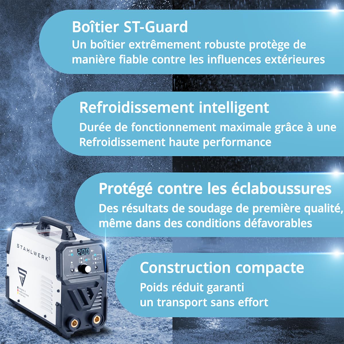 STAHLWERK Poste à souder à l'électrode ARC 200 Puls Pro – Soudage sans gaz, compact MMA, électrode, Inverter Lift-TIG de 200 A, Hot Start, Arc Force, Antistick, technologie IGBT, fonction Pulse