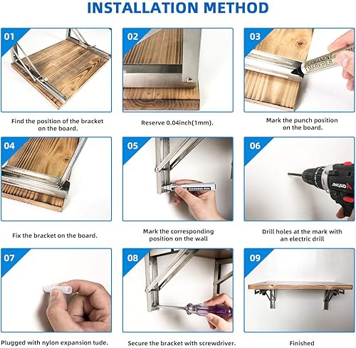 Miniatura 6 de Soportes plegables para estantes de 12 pulgadas, bisagras plegables de acero inoxidable resistentes, soporte en L para montaje en pared, soporte en
