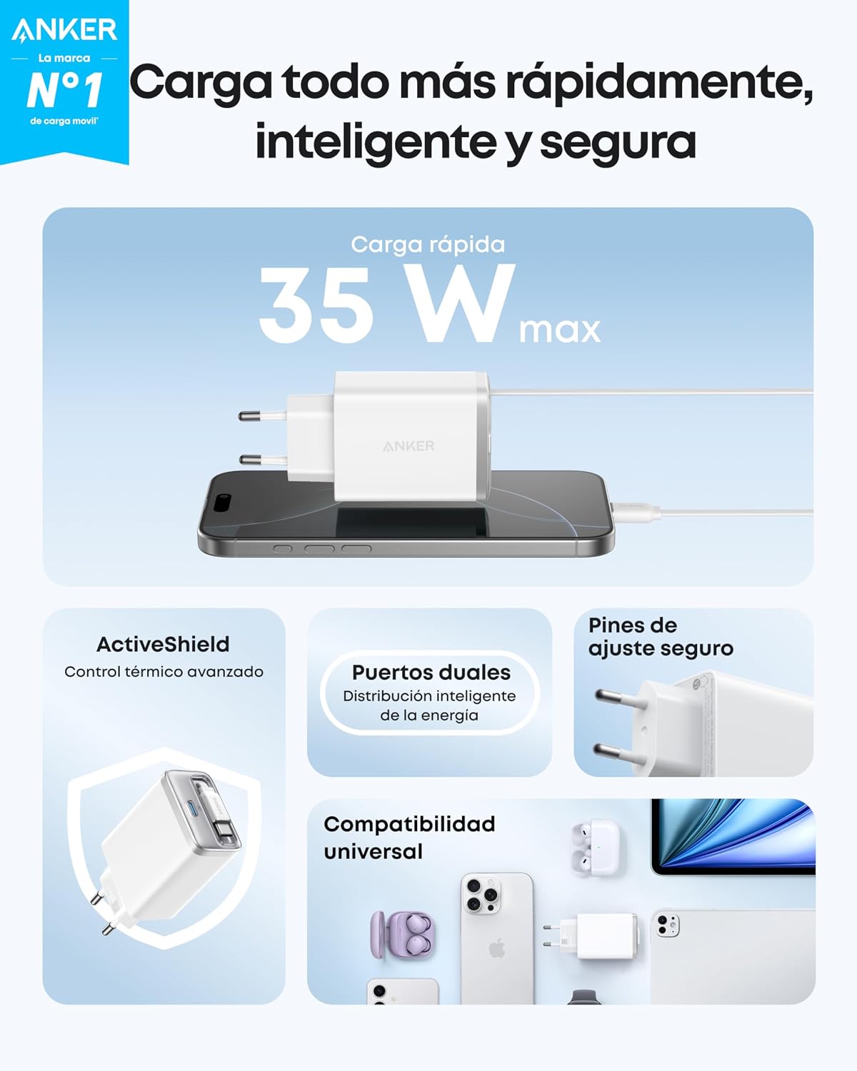 Anker Nano Cargador iPhone Carga rapida 35W, Cargador USB c de Gran Velocidad con 2 Puertos, Cable retráctil Anker InstaCord Integrado, Compatible con iPhone 16 Pro MAX/15/14, iPad, Pixel y más. 3