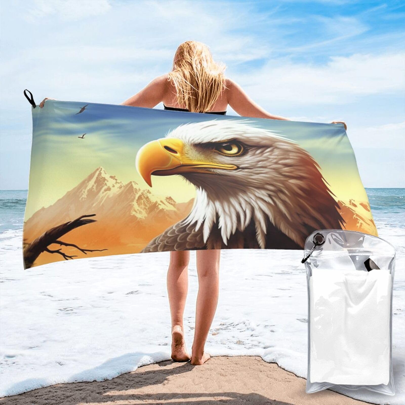 DWVTSLH Microfiber Sand Free Beach Towel 27.5"x55", Quick Dry Absorbent Travel Towel Large Camping Blanket, Eagle Bath Towels Lightweight Pool Swim Towels for Vacation Essentials