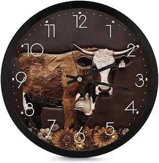 JTKBNVM Reloj de pared de piel marrón con diseño de vaca en color marrón, funciona con pilas, reloj de pared digital silencioso sin tictac, fácil de leer, para sala de estar, baño, cocina, aula