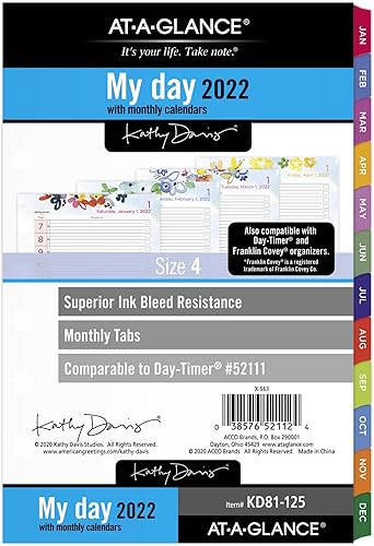 AT-A-GLANCE - Recambio de planificador diario y mensual 2022, temporizador de día 52111, 5-12 x 8-12 pulgadas, tamaño 4, Kathy Davis (KD81-125)