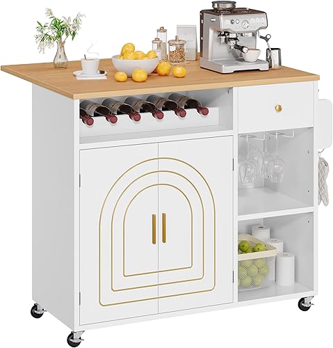 YITAHOME Isla de cocina con hoja plegable, carrito de cocina rodante con 2 puertas de gabinete doradas, armario de isla de cocina con ruedas con