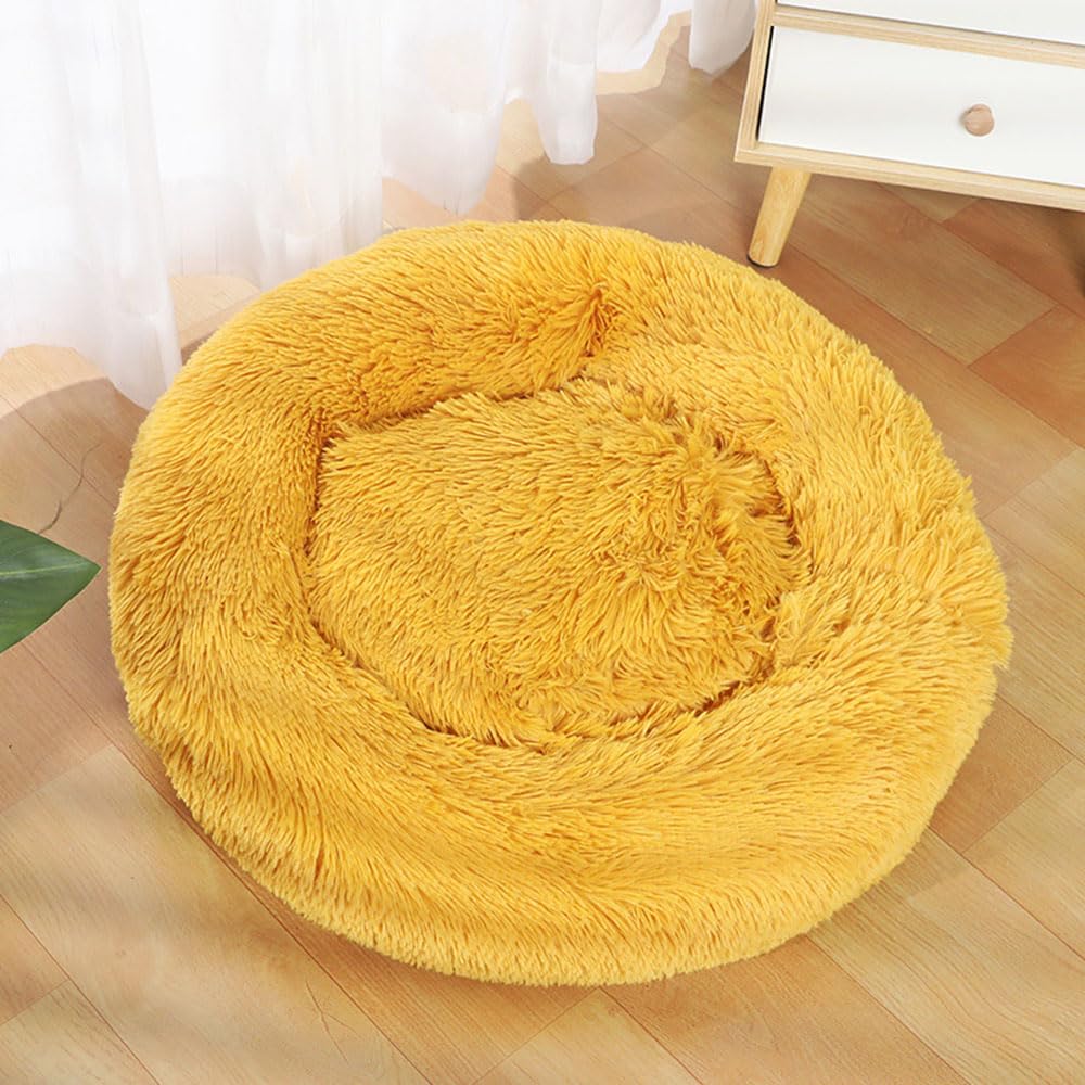 Hiseng Soft Fluffy Dog Bed, Solid Color Self-Warming Cat Bed Washable Round Dog Beds Medium, Plush Anti-Slip Bottom Donut Cat Beds for Indoor Cats (50cm,Yellow)