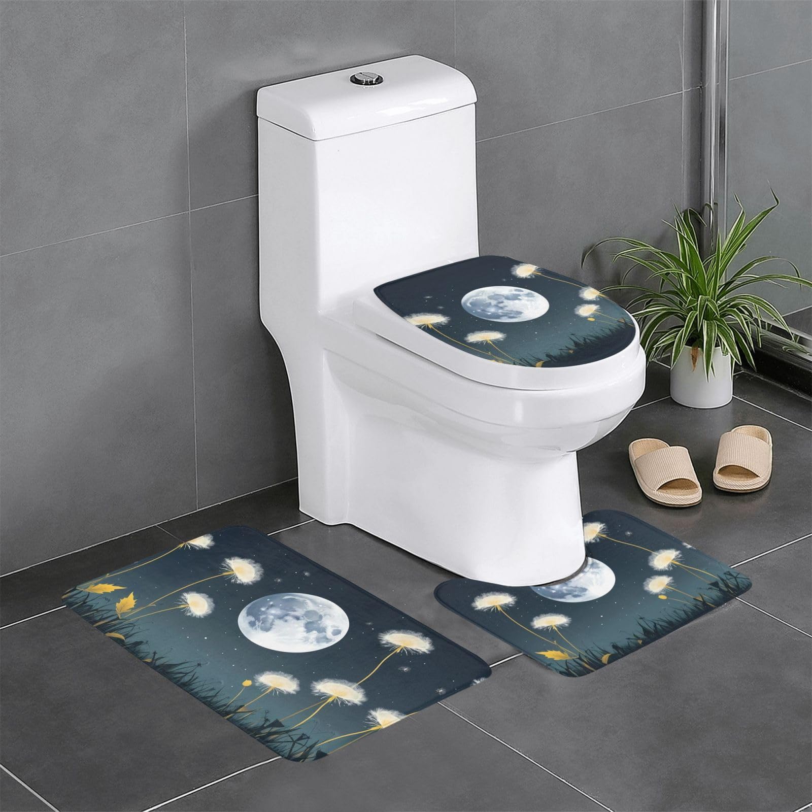 Tapis de bain lune et pissenlit lot de 3 pour toilettes et lavabo