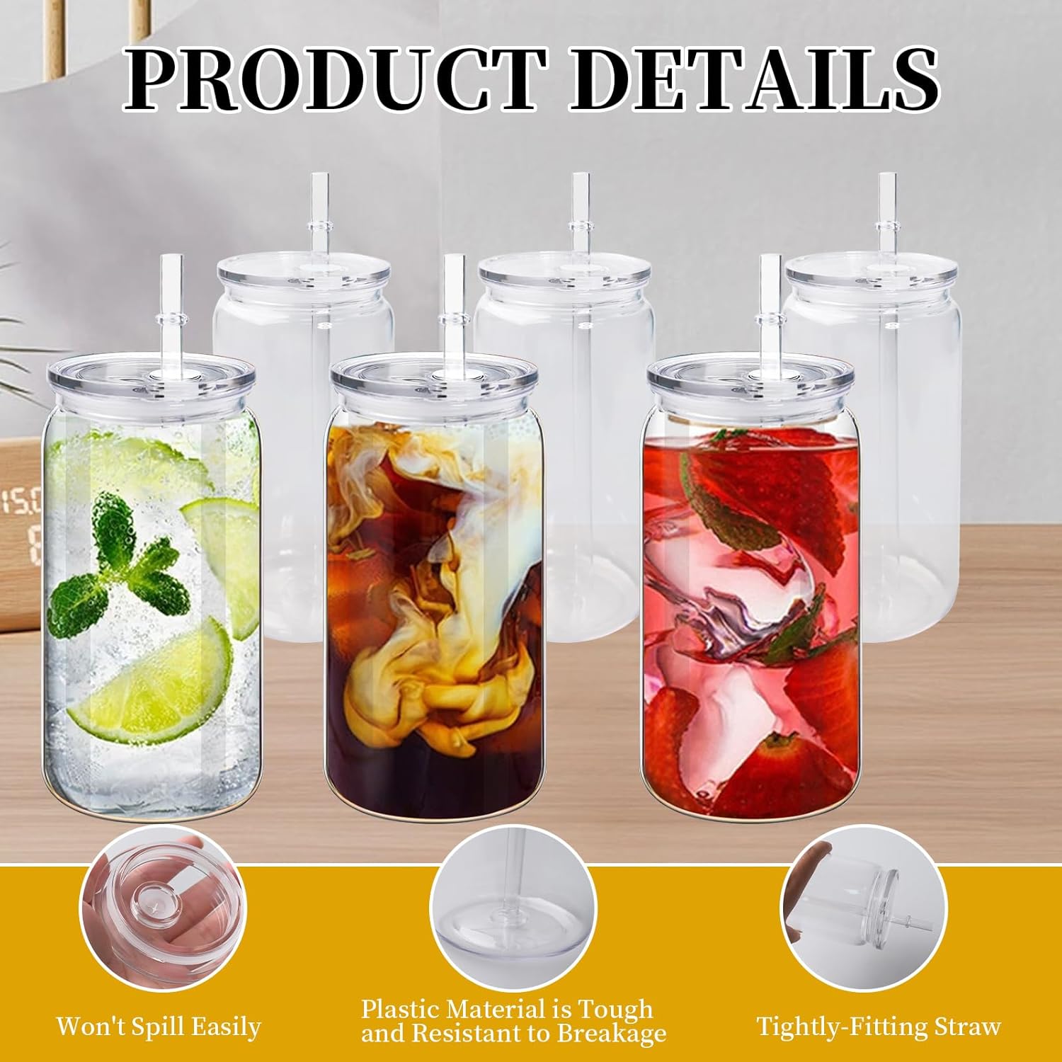 14 Pack Acrylic Mason Jars with Lids and Straws 16 oz Iced Coffee Tumbler Water Bottles Plastic Drinking Cups for Milk Juice Beverage Beer (Clear) - Image 3