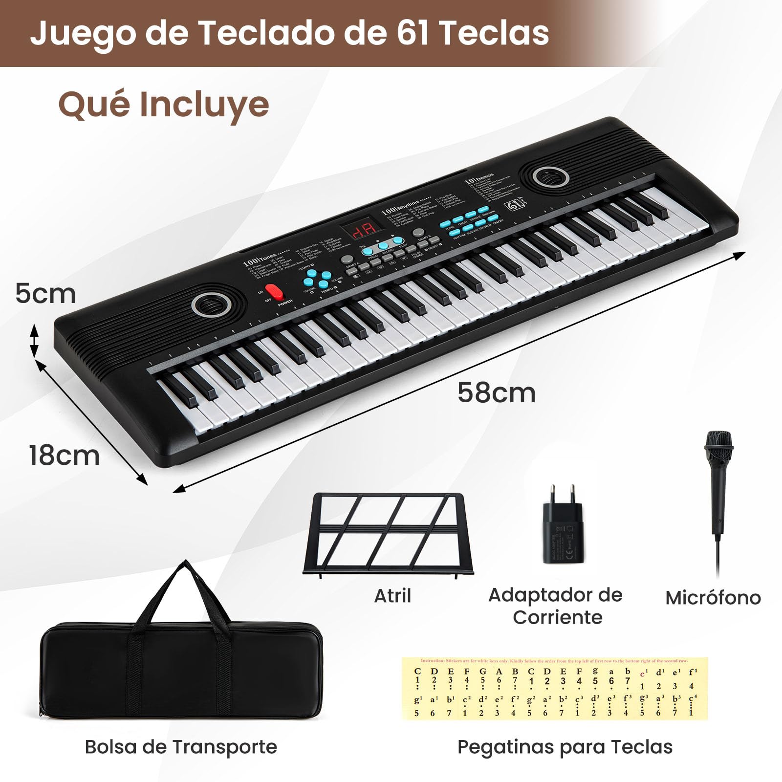 COSTWAY Piano Digital 61 Teclas, Teclado Piano Eléctrico Portátil con Soporte para Música, Micrófono, Pegatinas de Notas y Bolsa de Transporte para Niños y Adultos (Negro)