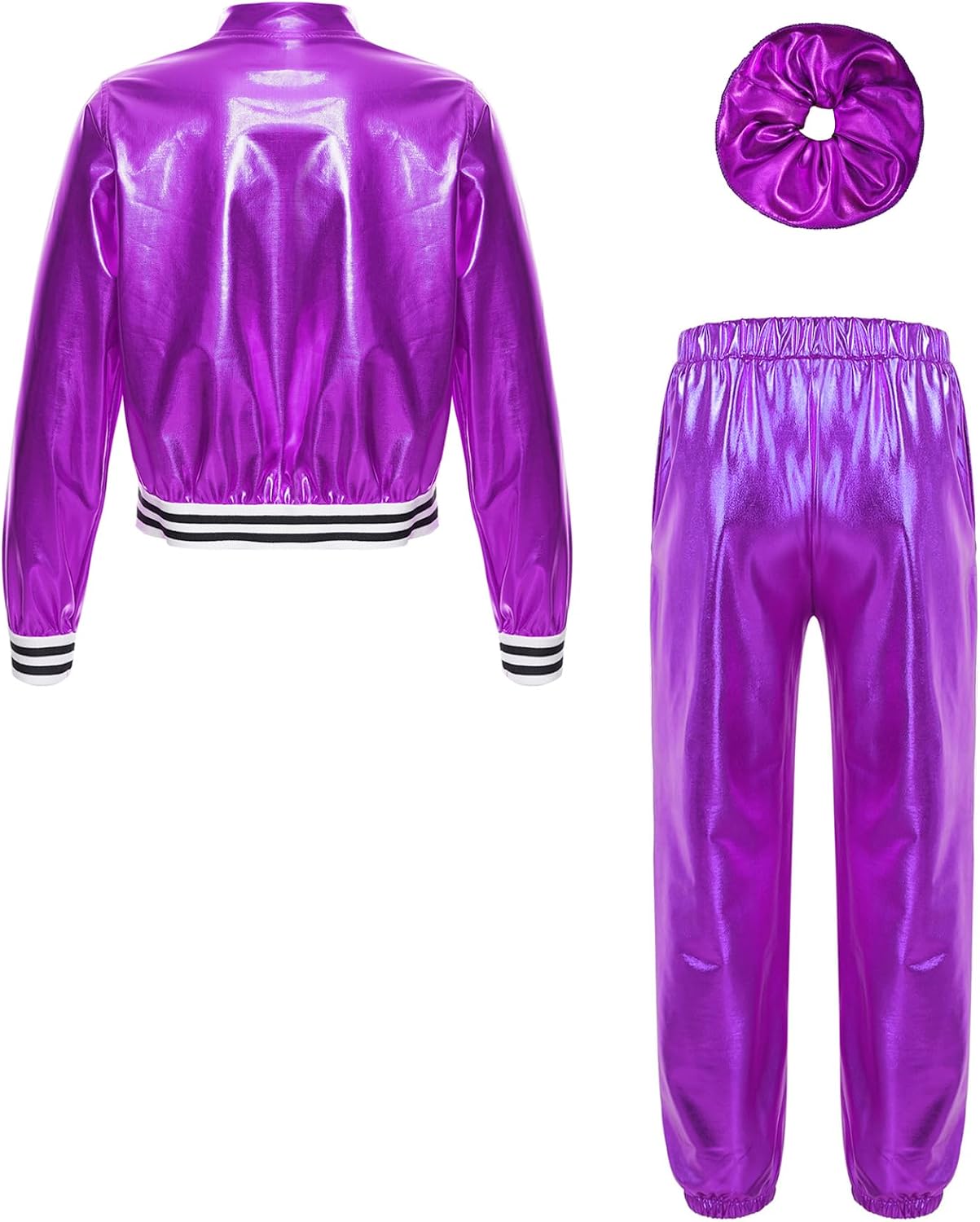 Jugaoge Girls Hip Hop Dance Costume Street Dancewear Shiny Jacket with Metallic Jogger Pants Hairband Outfits