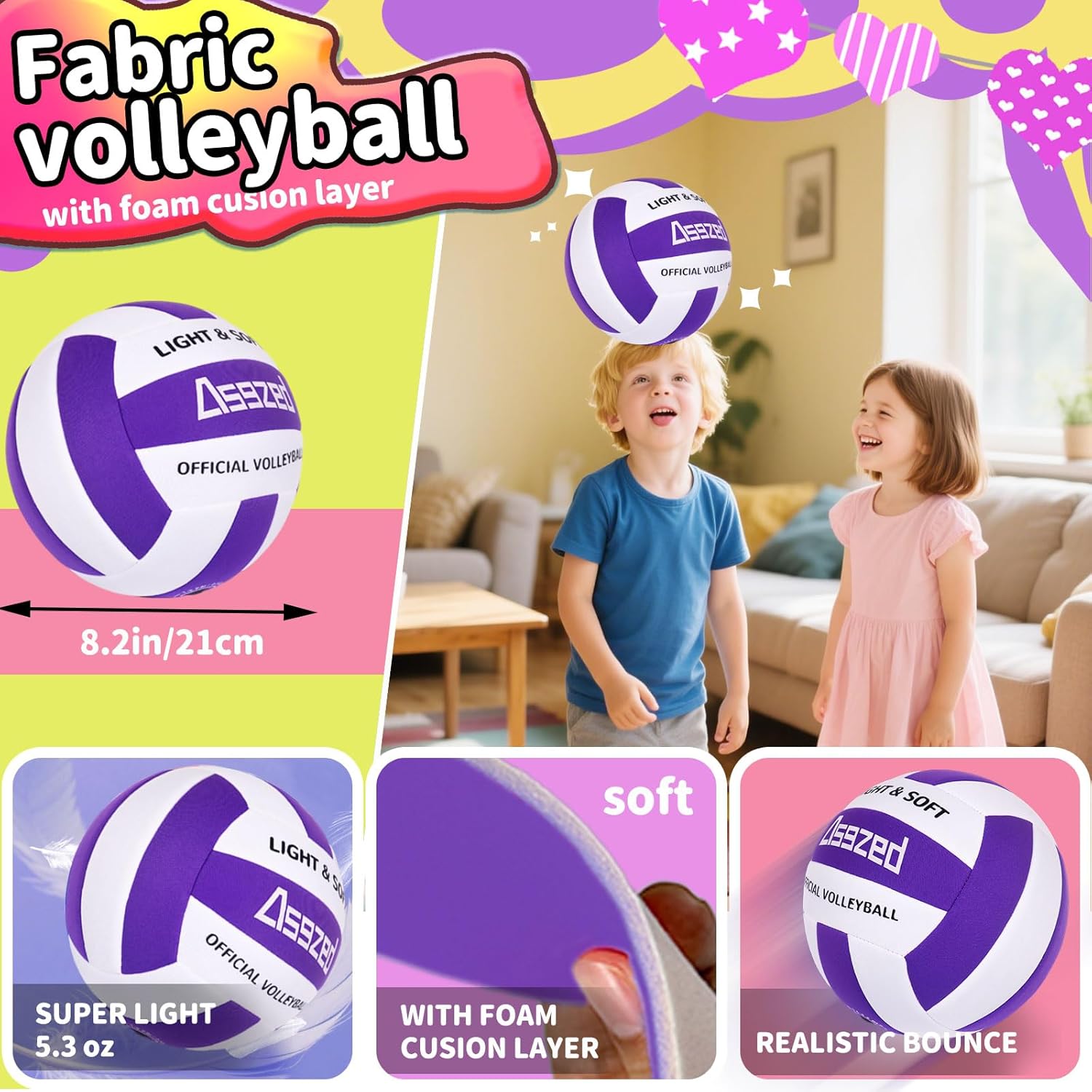 Soft Volleyball for Indoor Practice-Super Soft & Silent Fabric Indoor Volleyball Lightweight for Kids Youth Beginners, Perfect for House Yard Training Practice Games(Deflated,with Pump) - Image 3