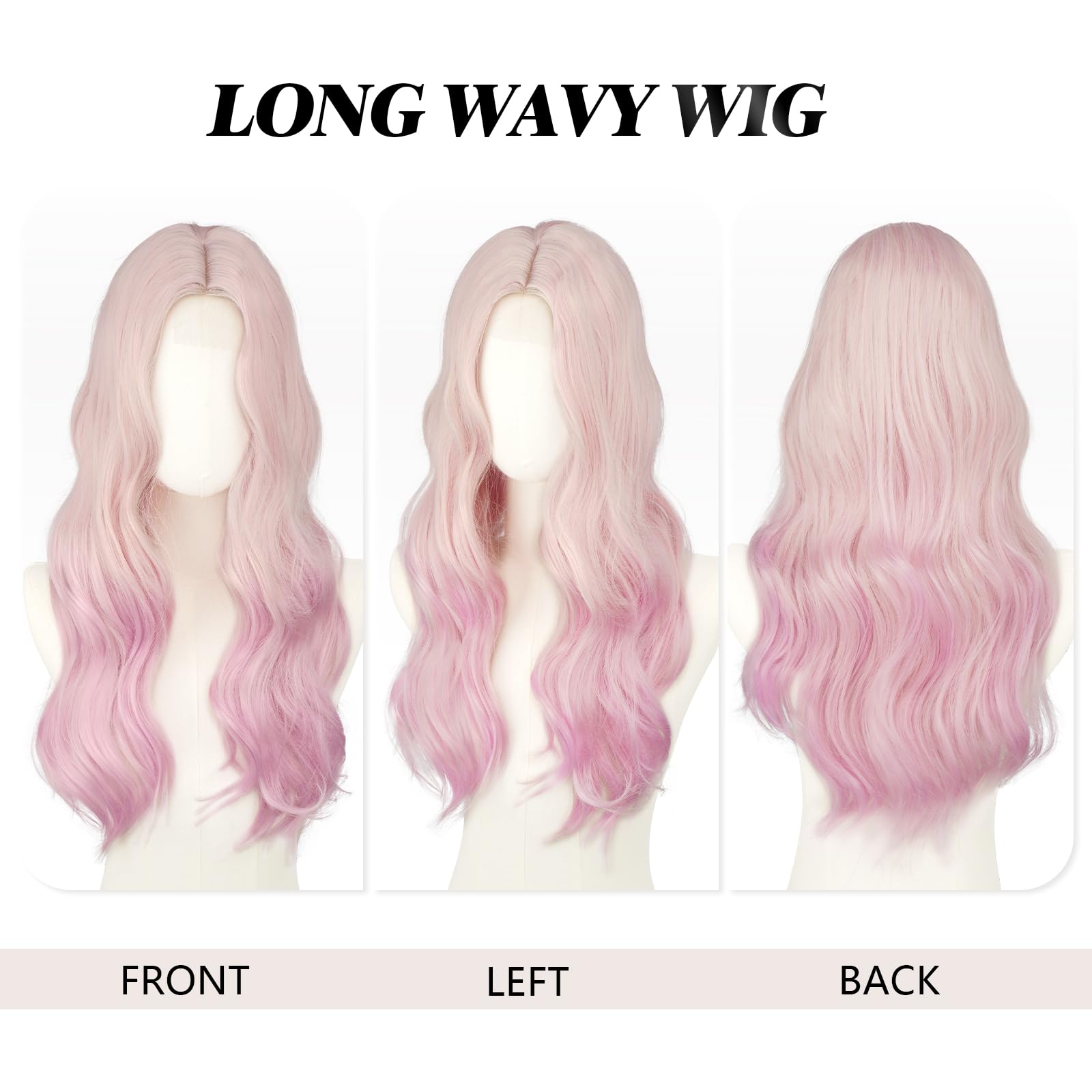 FESHFEN Perücke Pinke für Damen Synthetik Lace Front Gewellt Perücken | 60 cm Lange Wellig Lemonade Rosa Bunte Haarperücke Kunsthaar Natürlich Hitzebeständig Wig für Täglich Karneval Cosplay Party