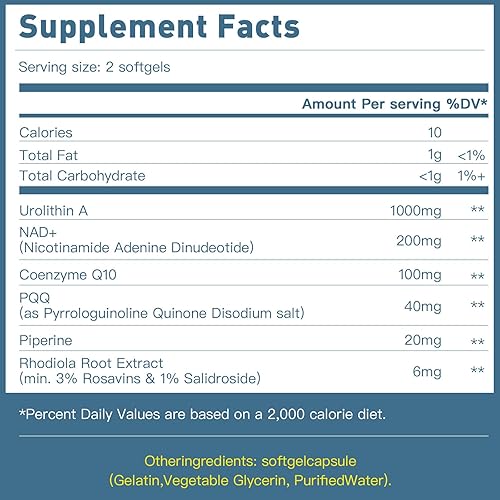 Miniatura 5 de Urolitina Un suplemento de 1000 mg con NAD+, CoQ10 y PQQ - Antioxidantes y apoyo mitocondrial para la vitalidad y el envejecimiento saludable -