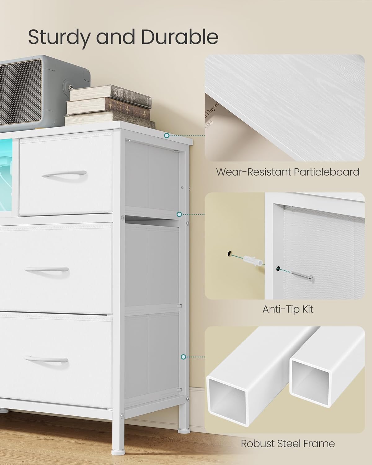 SONGMICS BELLAH Collection - Dresser for Bedroom with Outlets and LED Lights, TV Stand for TVs Up to 55 Inches, Chest of Drawers, 8 Drawers, Steel, Modern, Cloud White ULGS433WH02S