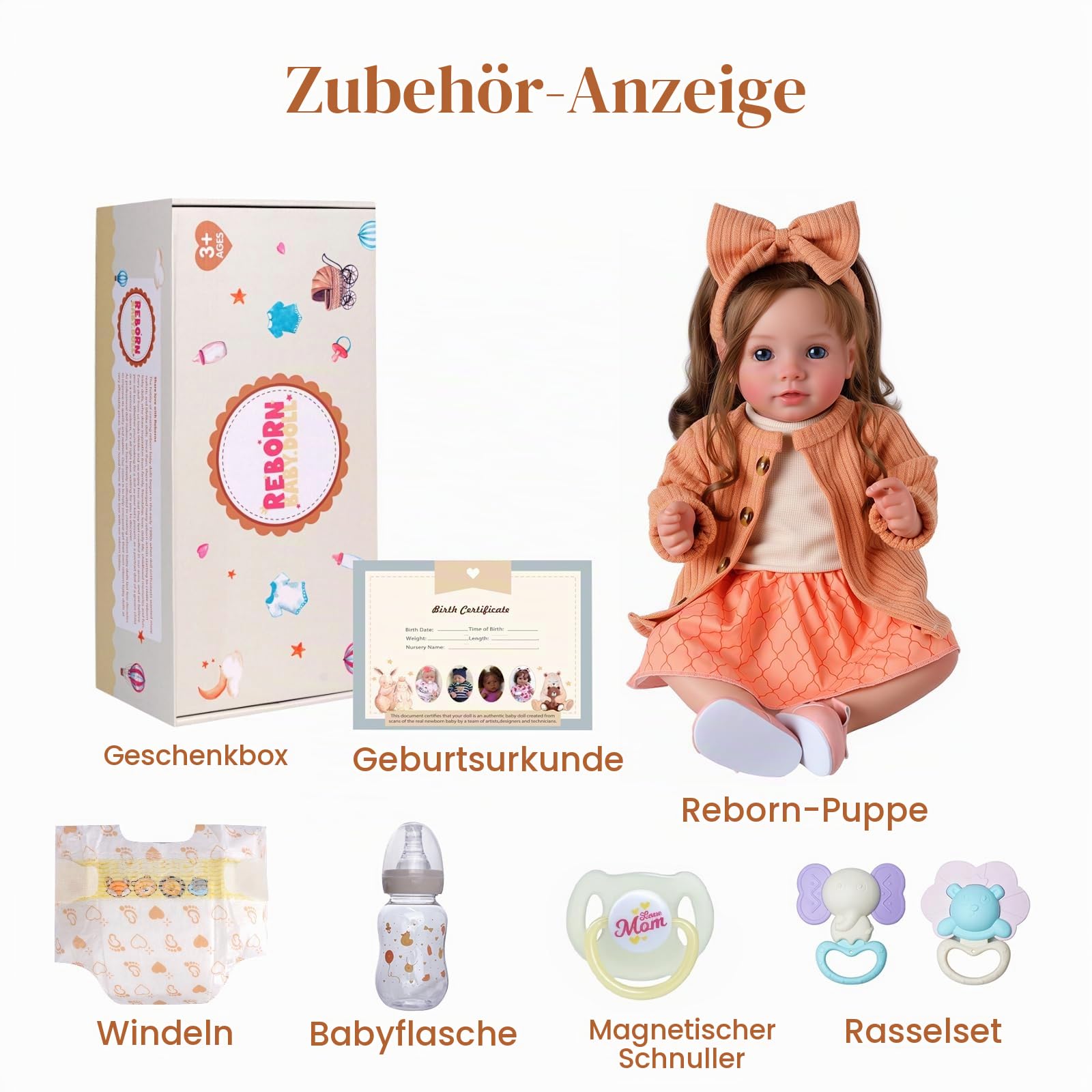 BABESIDE Reborn-Babypuppen 50 cm Realistische Baby-Puppe Lebensechtes Mädchen mit Braunen HaarenHandgemachter weicher Stoffkörper Inklusive Kleidung & Spielzeug-Zubehör