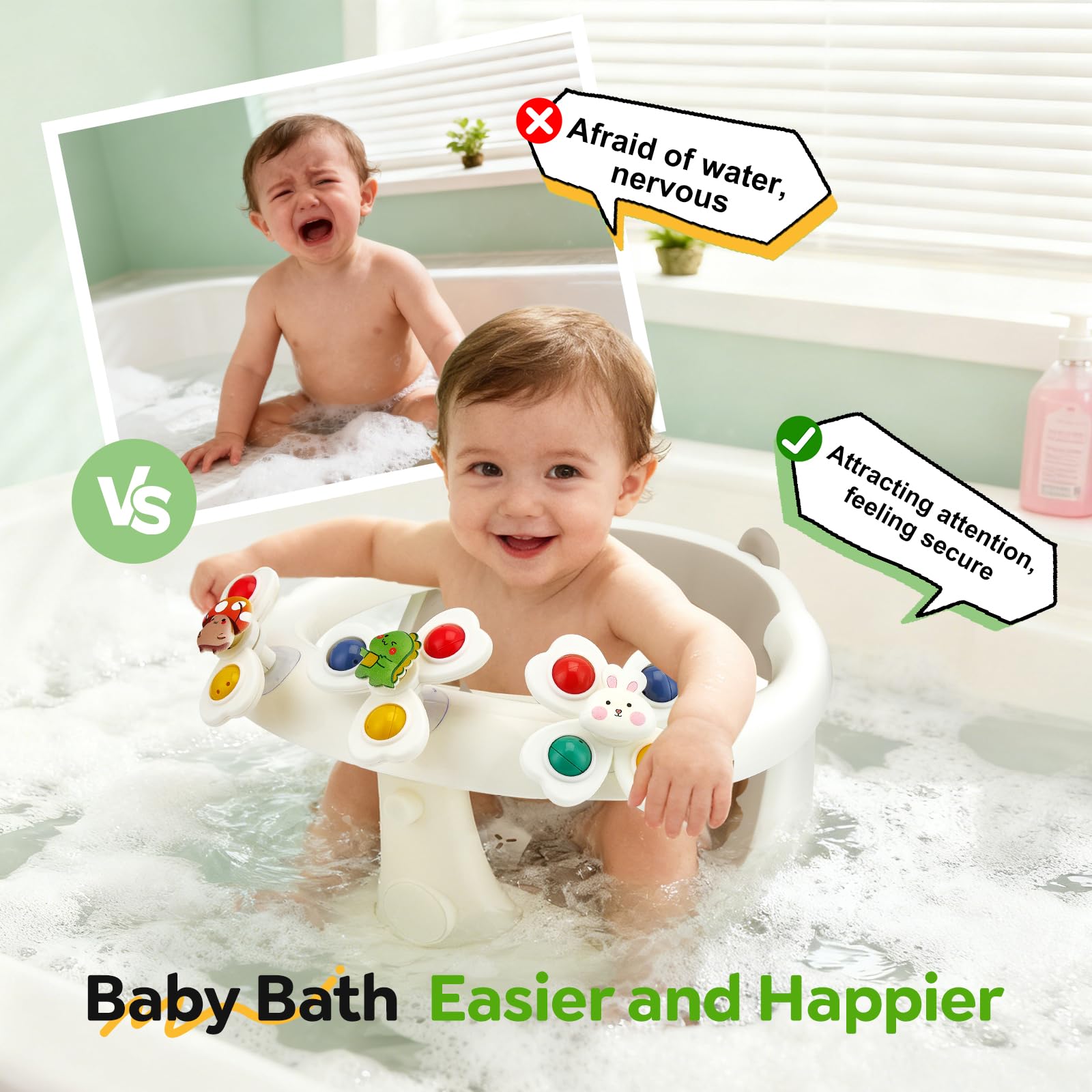 Asiento de baño para bebés a partir de 6 meses, asiento de bañera con 4 ventosas fuertes, respaldo ergonómico
