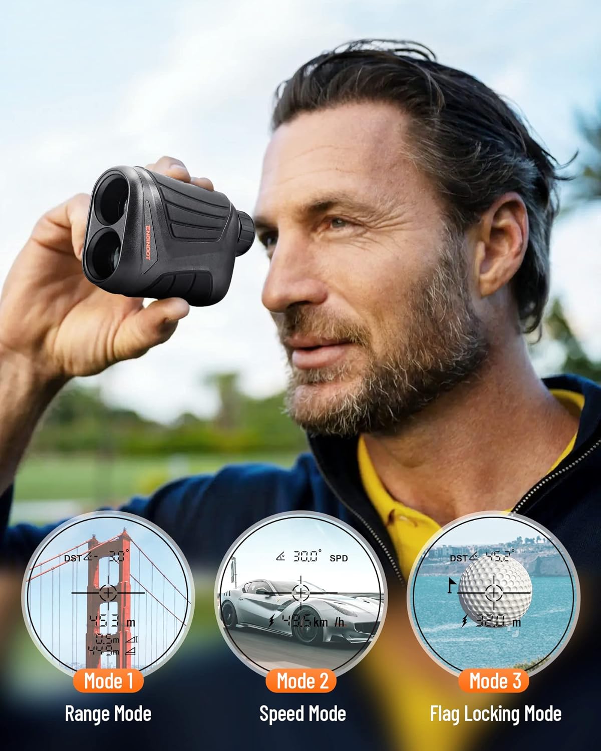 Three modes of the ENGiNDOT MLR01 rangefinder: Range Mode, Speed Mode, and Flag Locking Mode.