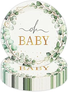 50 PCS Eucalyptus Baby Shower Paper Plates, 7Inch Greenery Oh Baby Dessert Plate Party Supplies Disposable Tableware Sets for Boys or Girls Gender Reveal Shower Party Decorations Favors