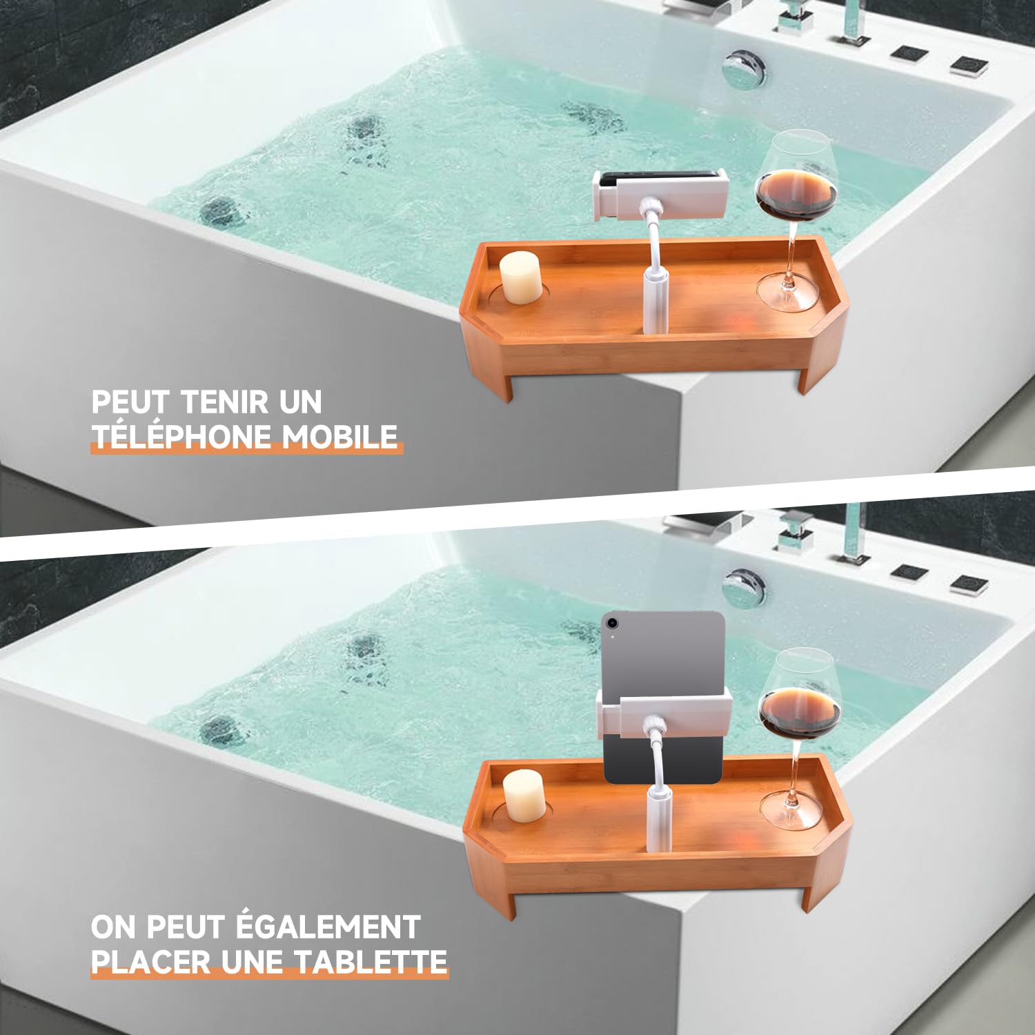 ECO POOLTECH Plateau en Bambou pour Spa, Table d'appoint antidérapante pour Boissons avec Porte-gobelet et Support de téléphone, Plateau pour Spa, Baignoire, Accessoire pour Spa