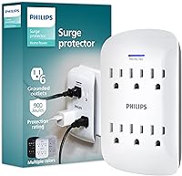 Vista 8 de Philips 6 enchufes extensores con protector contra sobretensiones, paquete de 2, toma de pared, 900 julios, 3 puntas, diseño que ahorra espacio, luz