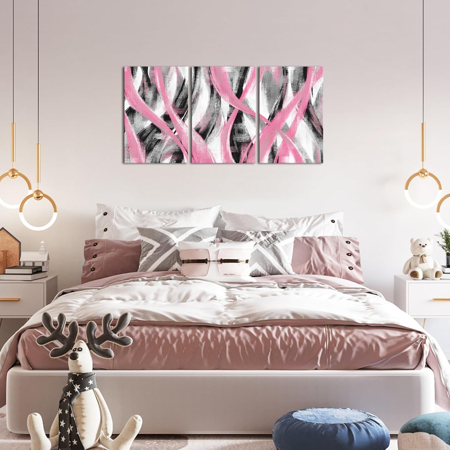 Visual Art Decor Pink Wall Art Geometric Lines Painting Pictures Bathroom Bedroom Living Room Decor Framed (Pink, Large)