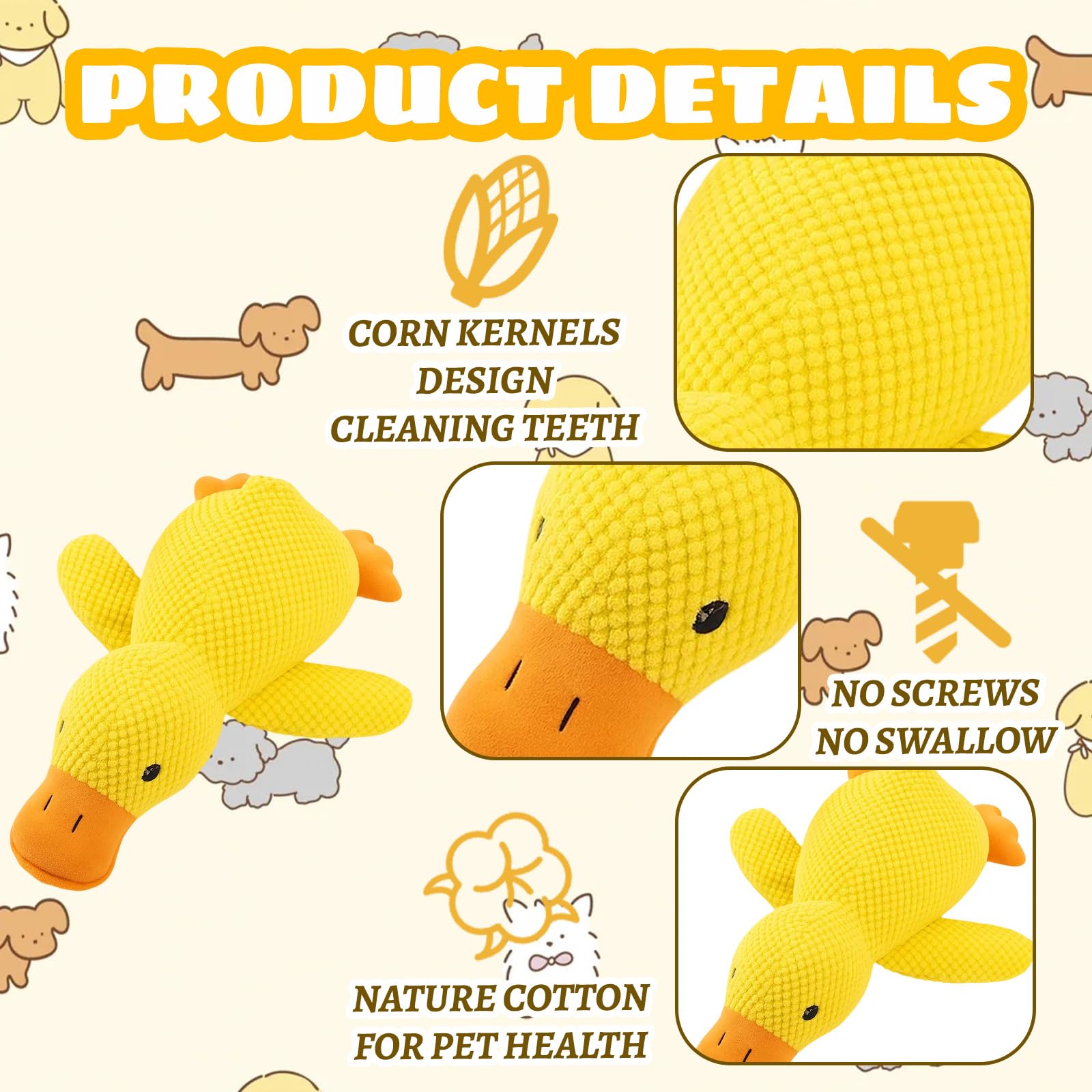Squeaky Dog Toys, Yellow, 32cm x 28cm, Duck Dog Toy for Small Medium Large Dogs Interactive Plush Puppy Toys with Squeaker - Image 3