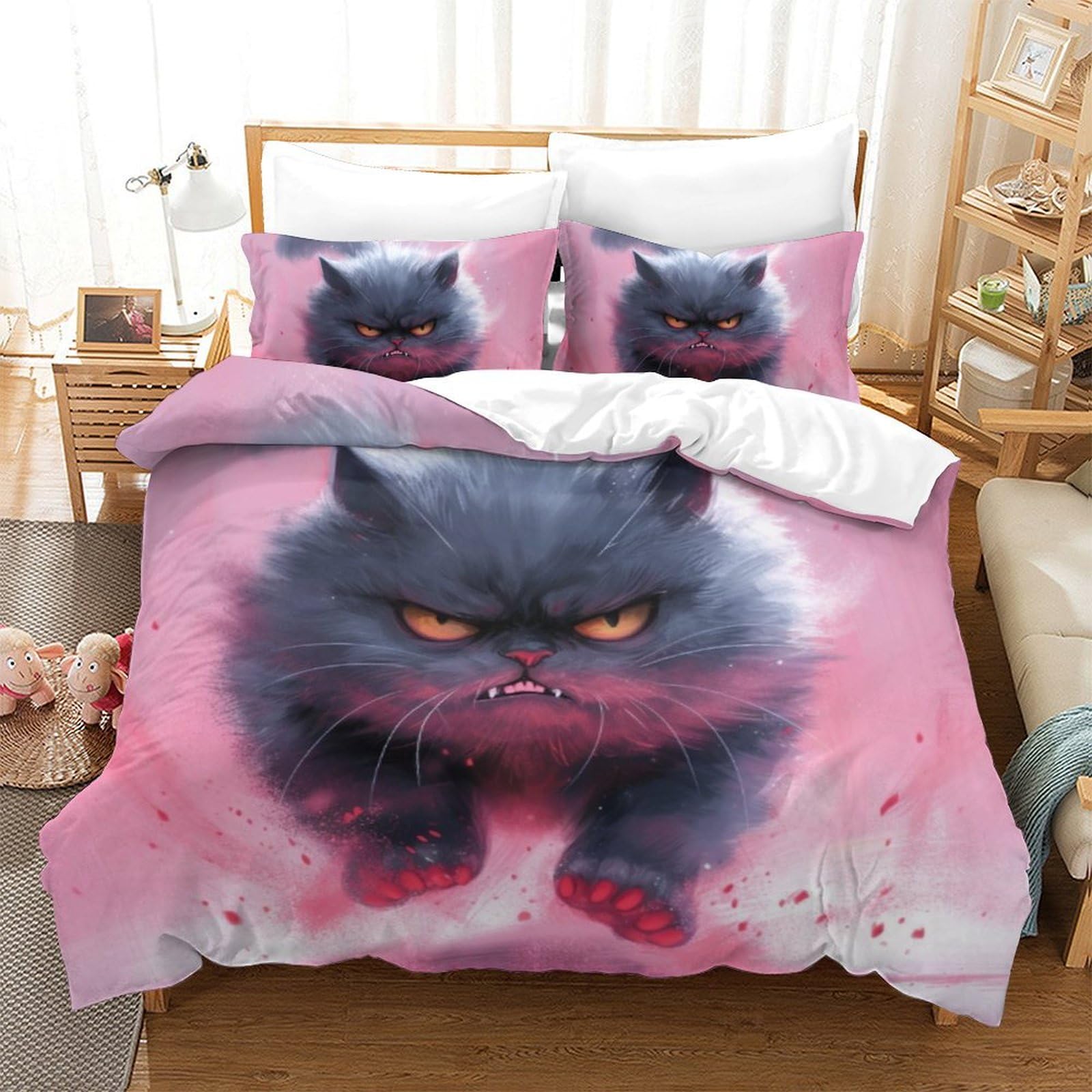 Parure de couette chat 3D 200x200cm en microfibre avec 2 taies d'oreiller