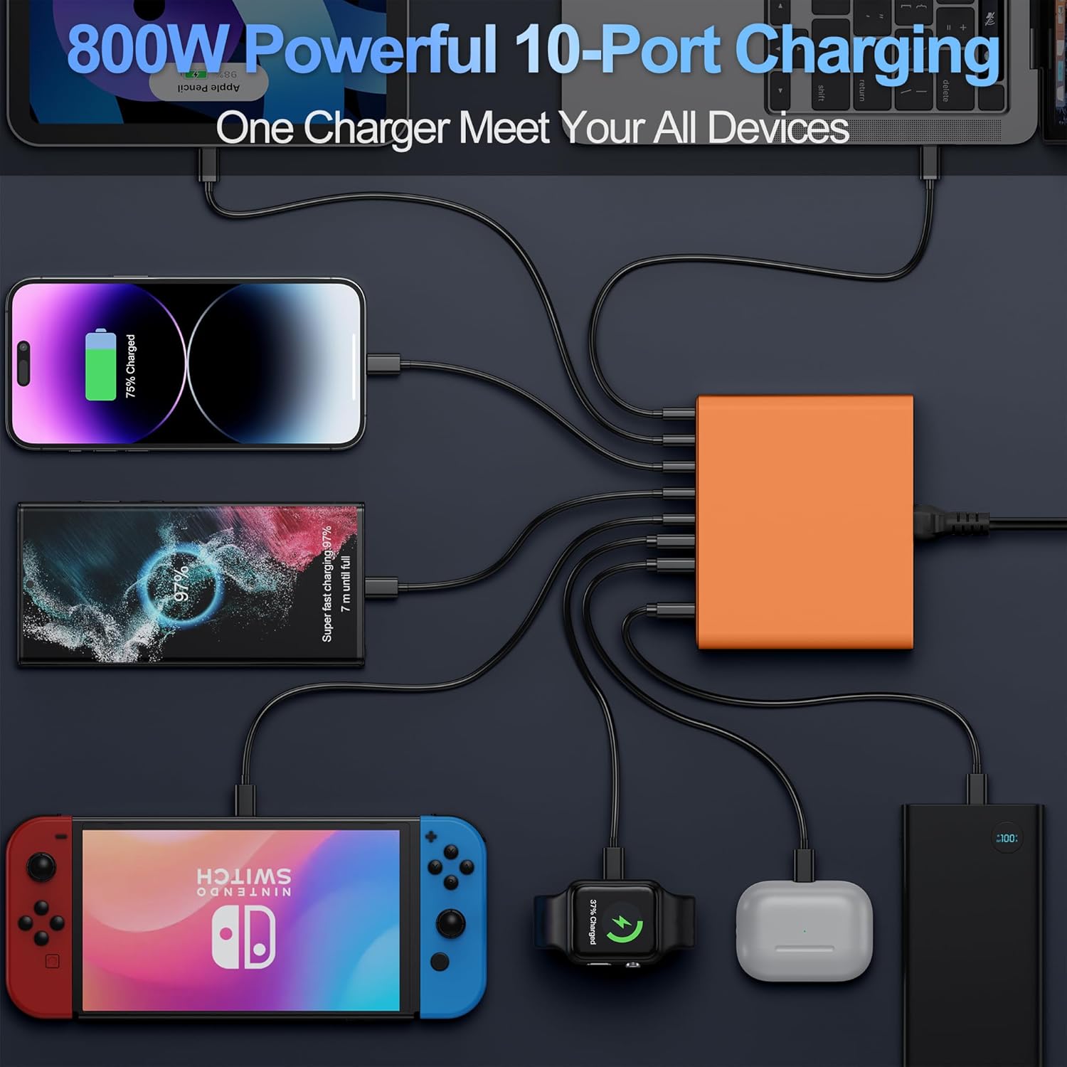 800W USB C Charger Block,10-Port Charging Station GaN Fast Charging Type C & USB A Wall Charger Adapter for MacBook Pro/Air,iPhone,iPad,Dell XPS,Samsung Galaxy(Orange)