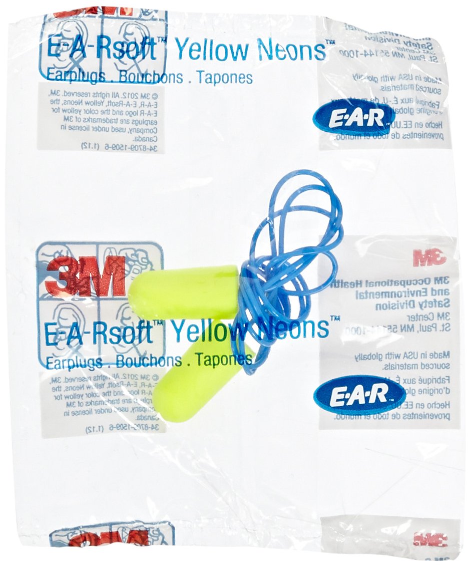 3M-CAS311-1250 E-A-Rsoft Neons Tapered Foam and PVC Corded Earplug, Yellow (Pack of 200)