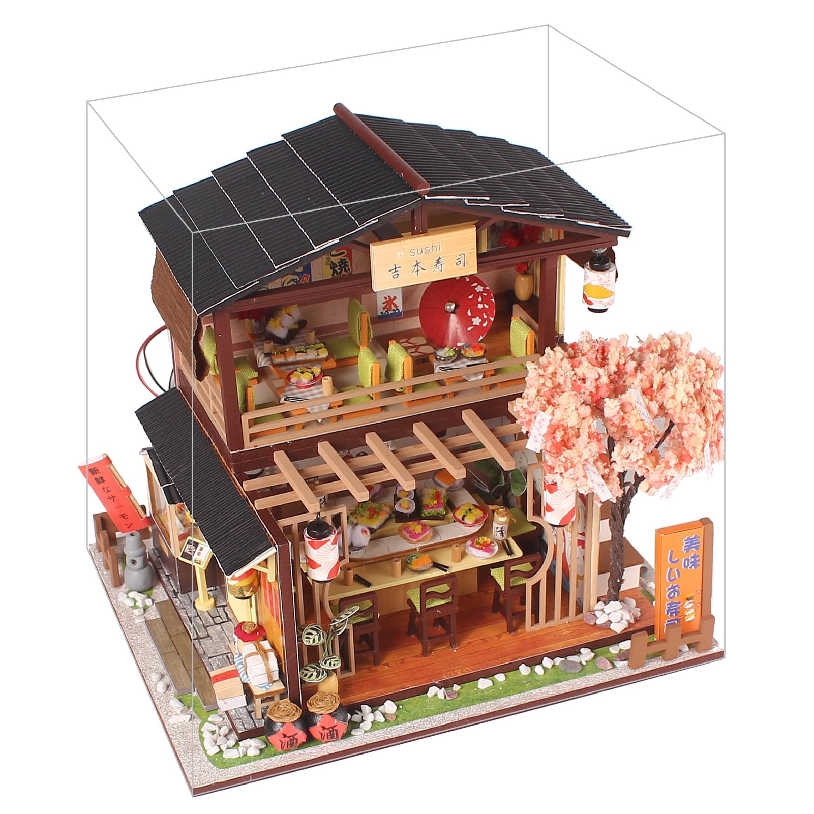 DIY Sushi Shop Model, Dollhouse Miniature DIY House Kit Wooden Creativity Japanese LED Assembly Mold Toys Creative Room with Furniture for Romantic Valentine's Gift