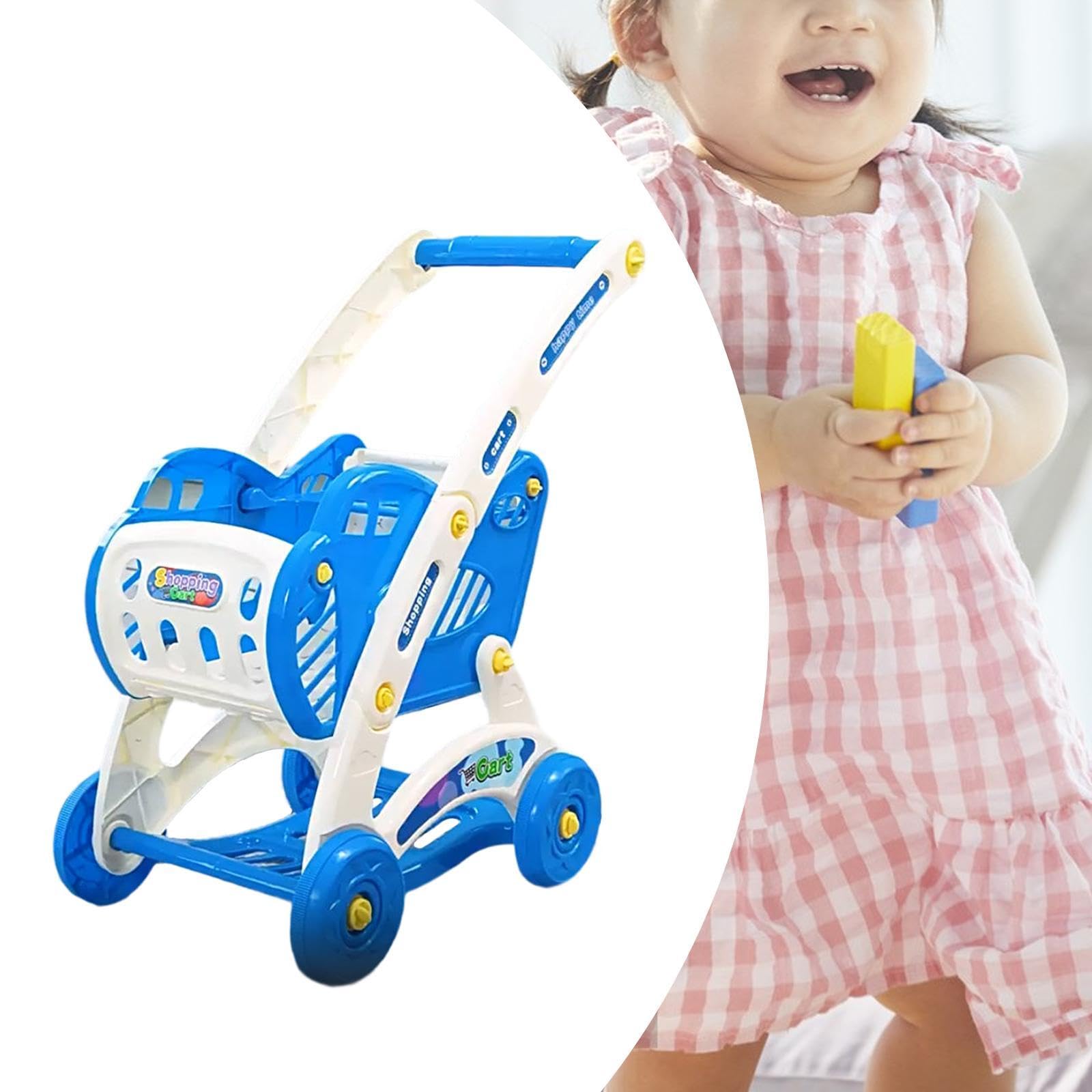Gralara Carrito de Compras de Juguete Carro Supermercado Trole Juguete Cesta Infantil Juego de Simulación Material PP Ligero Altura Regulable Gran Capacidad a, Azul