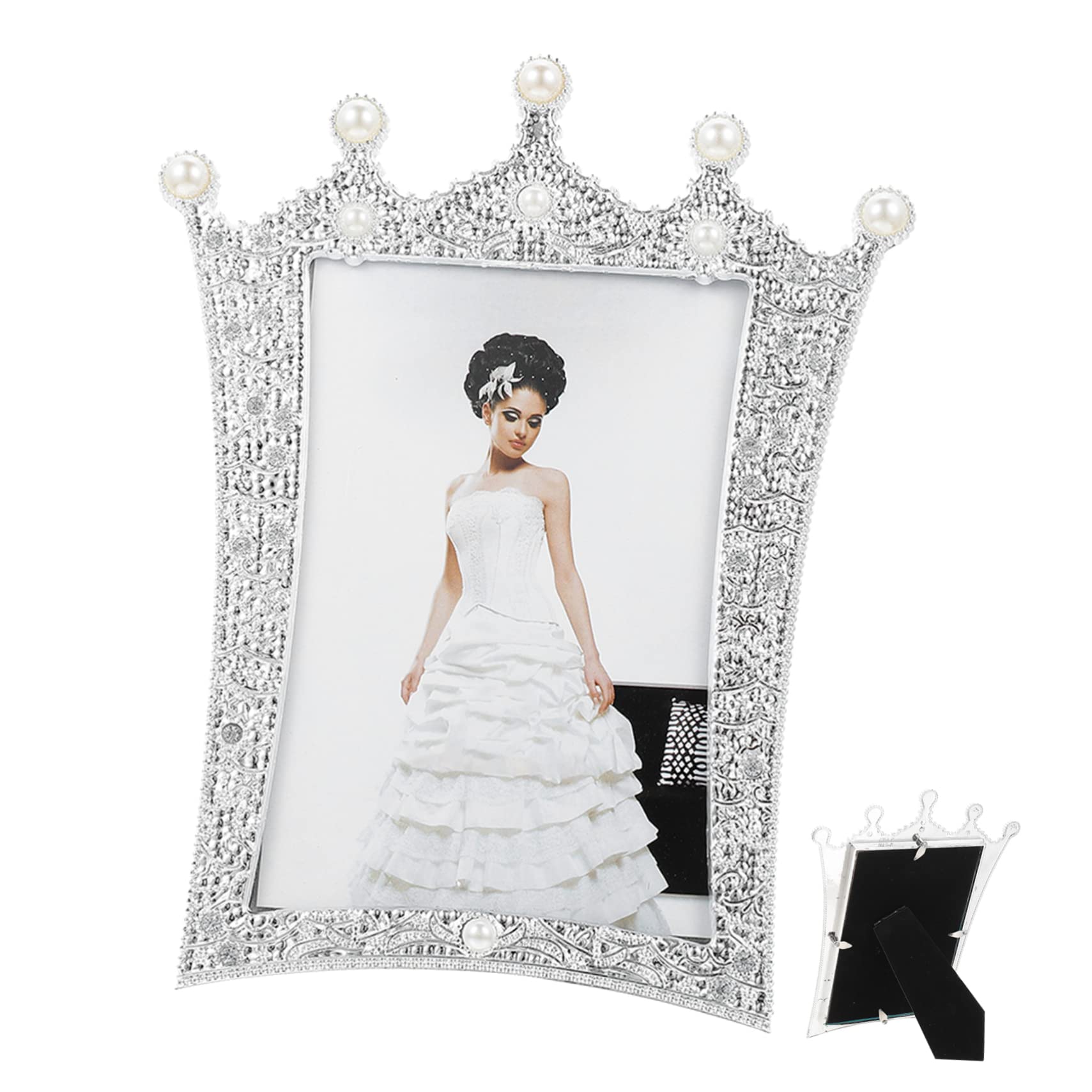 HOMSFOU Birthday Holder Crown Crystal Frame Display Wedding Pearl and Photos Decor for Mothers Royal Picture Day European Metal Desktop Vintage Photo Table Ornament Top Crown Photo Frames
