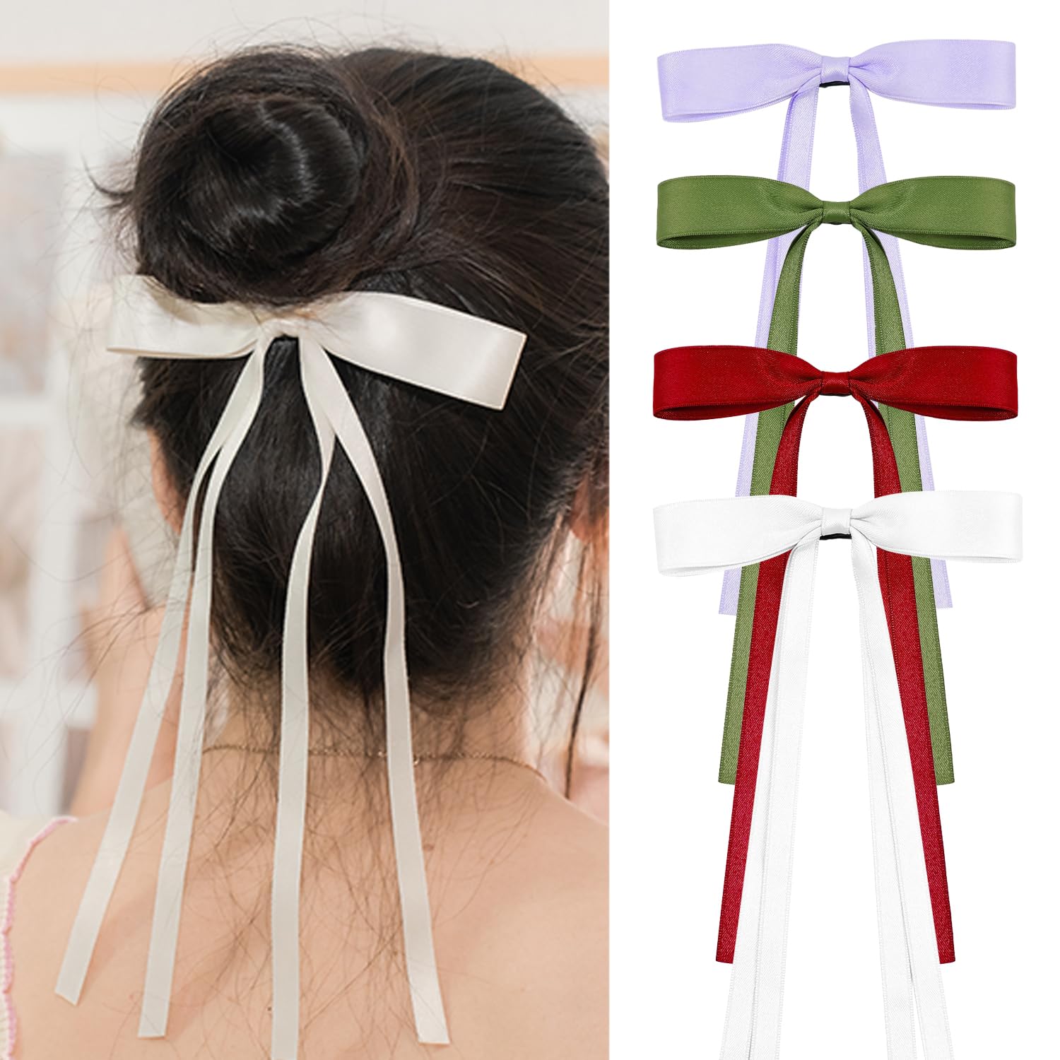 Hair Clips, 4Pcs Bow Hair Accessories for Women Girls Toddlers Teens Kids - Satin Fabric Bowknot with Long Tail Hair Ribbons, Hair Clips (4Pcs, Purple+White+Red+Green) - Image 3