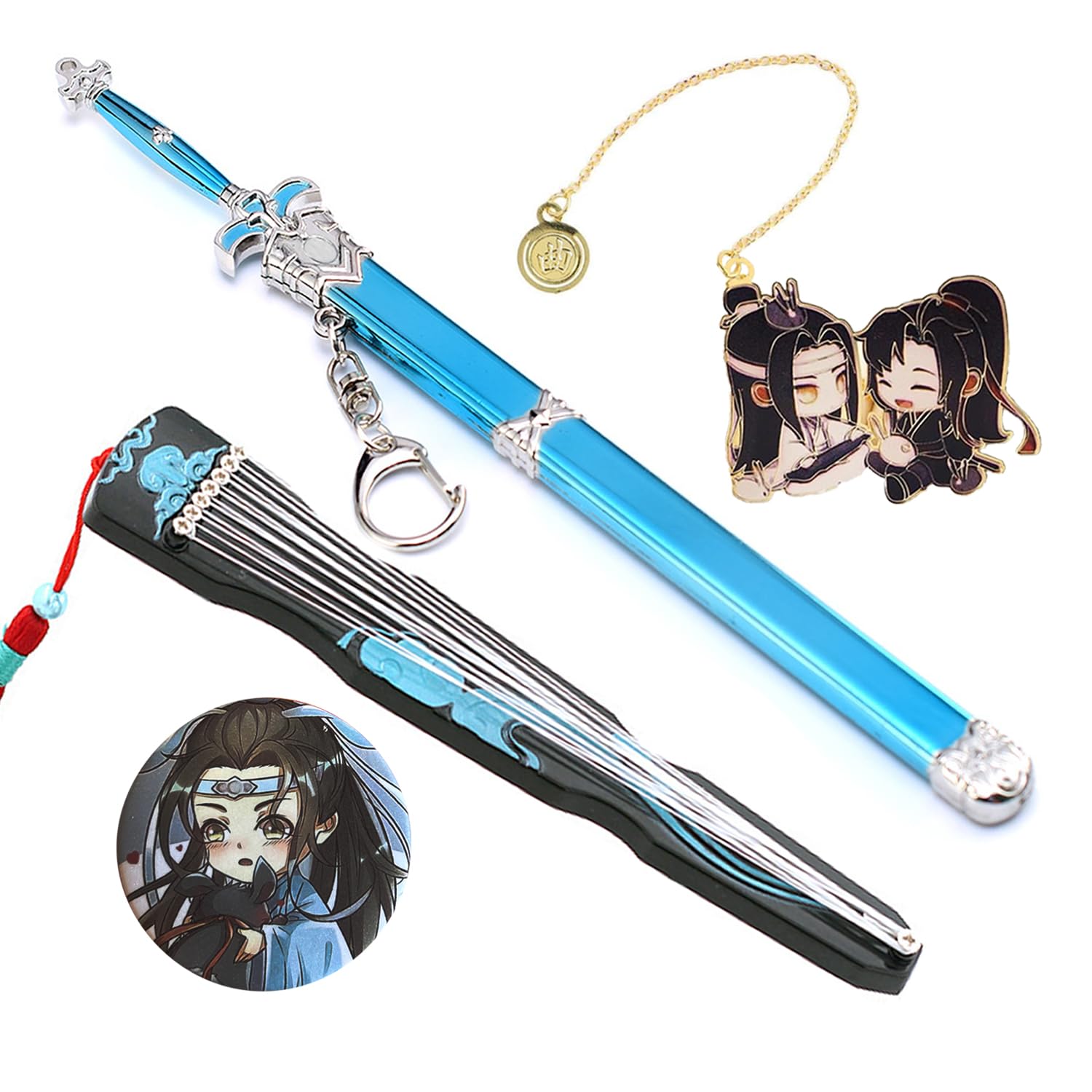 HJYZY Grandmaster Demonic Mini Swords Keychain LAN Wangji Guqin Pendant Key Chain Wei Wuxian Bookmark Cosplay Costume Accessories Set 4 Pcs