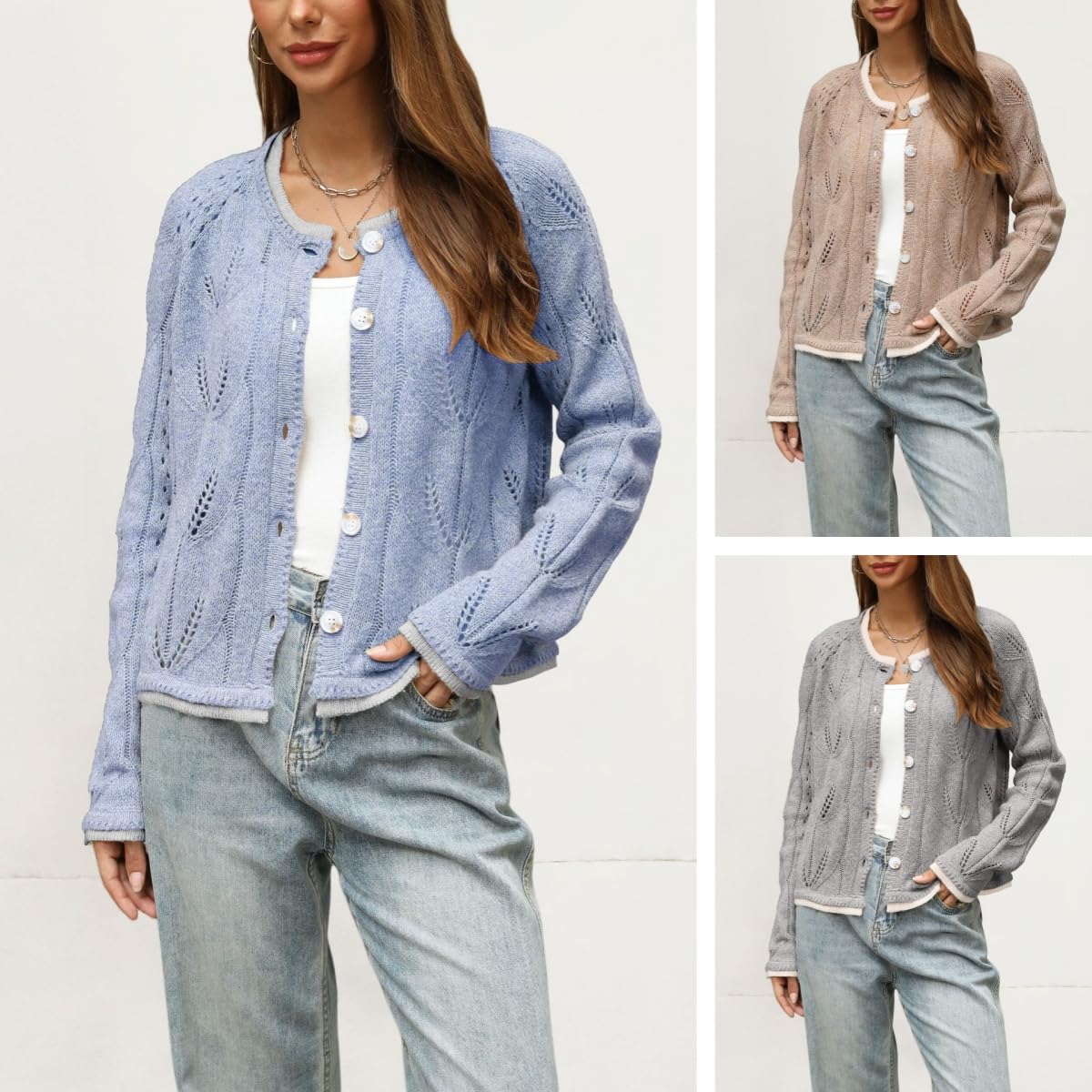 Cardigan Da Donna In Maglia Traforata Leggero Girocollo con Bottoni Sul Davanti Maniche Lunghe Giacca In Maglia Cardigan Casual Ampio Giacca Di Transizione per Ufficio E Abbigliamento Quotidiano