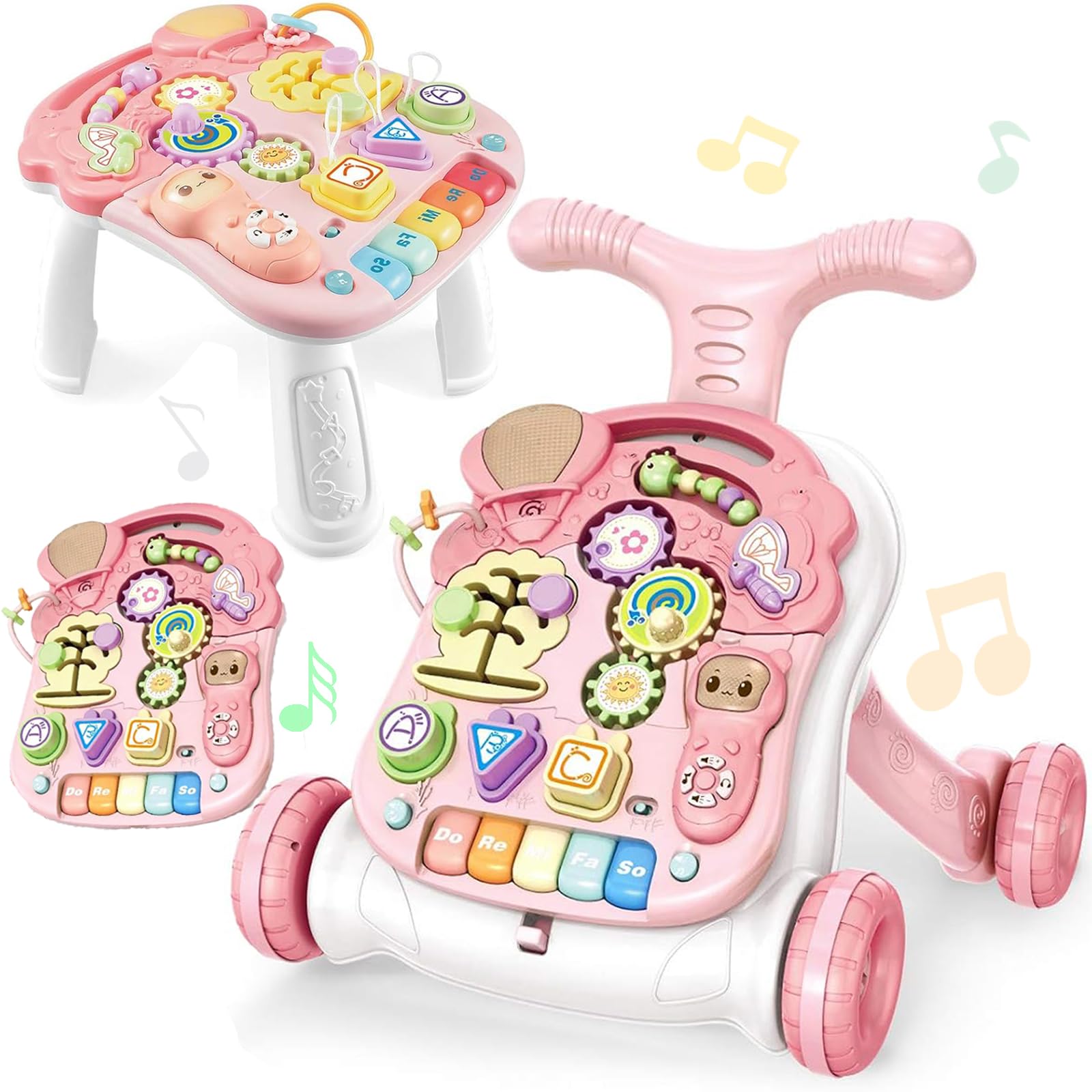 Baby Walker 3in1 Sit-to-Stand Learning Walker Kids Activity Center with Weight Gain Design Table Music Phone Steering Wheel Multifunctional Educational Push Toy forToddlers Boys Girls (Pink01)