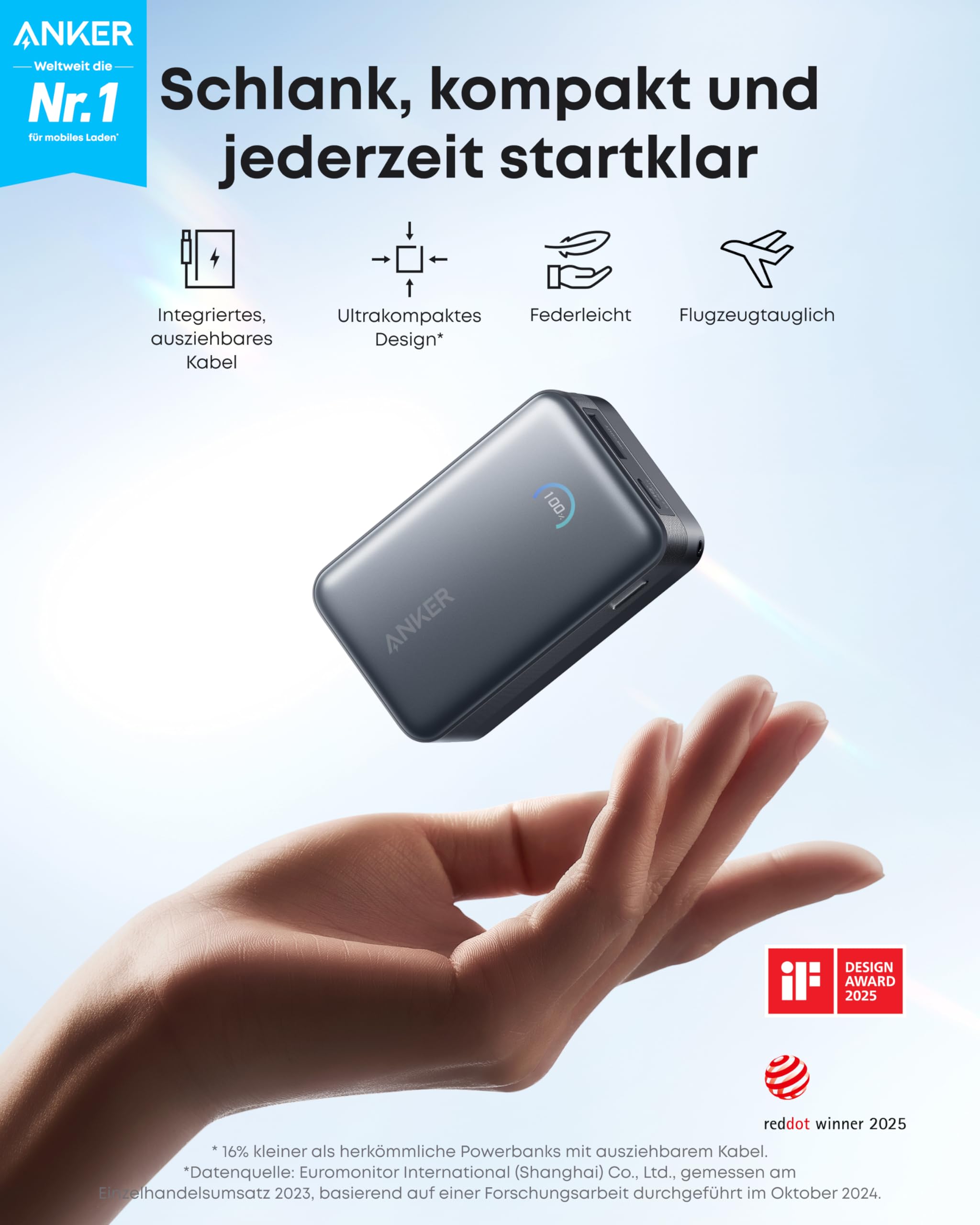 Anker Nano Powerbank,10.000mAh Externer Akku mit 70cm Anker InstaCord Einzugskabel, 45W Max Kompakter Akku, Smart-Display, für iPhone 17/16, iPad, Galaxy, Pixel und mehr