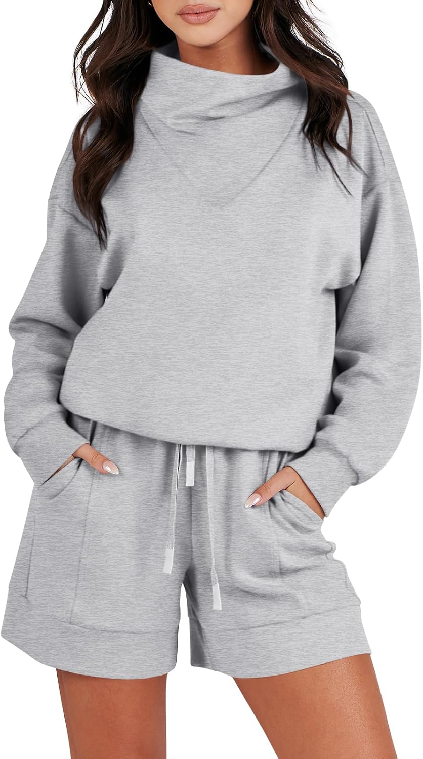 (SZ M) Caracilia Women 2 Piece Outfits Loose Sweatsuits Fashion Cowl Neck Sweatshirts & Shorts Set Lounge Wear Jogger Tracksuit Set Medium Light Grey