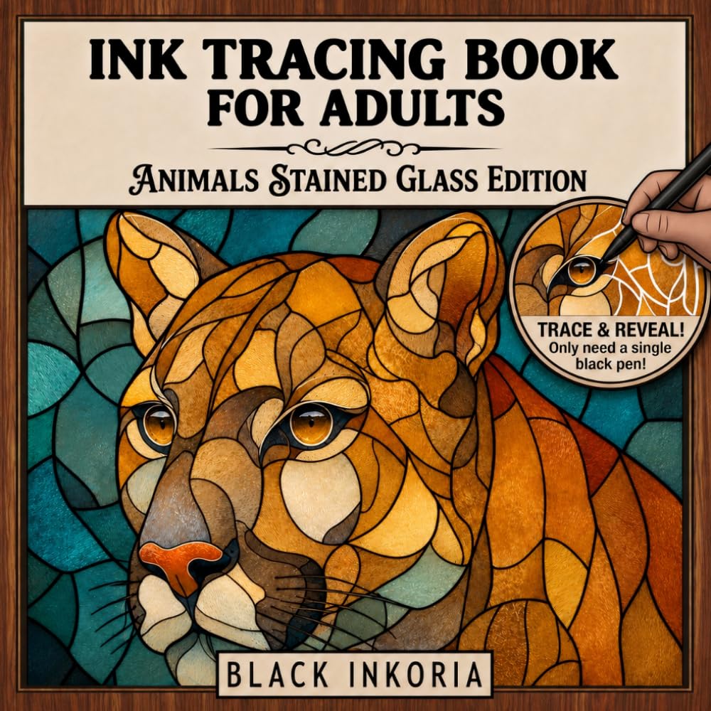 Ink Tracing Book for Adults - Animals Stained Glass Edition: Trace White Lines on Mammals, Birds, Sea Creatures and Insects for Still and Slow Stress ... Coloring Experience | Monochrome Pen Art
