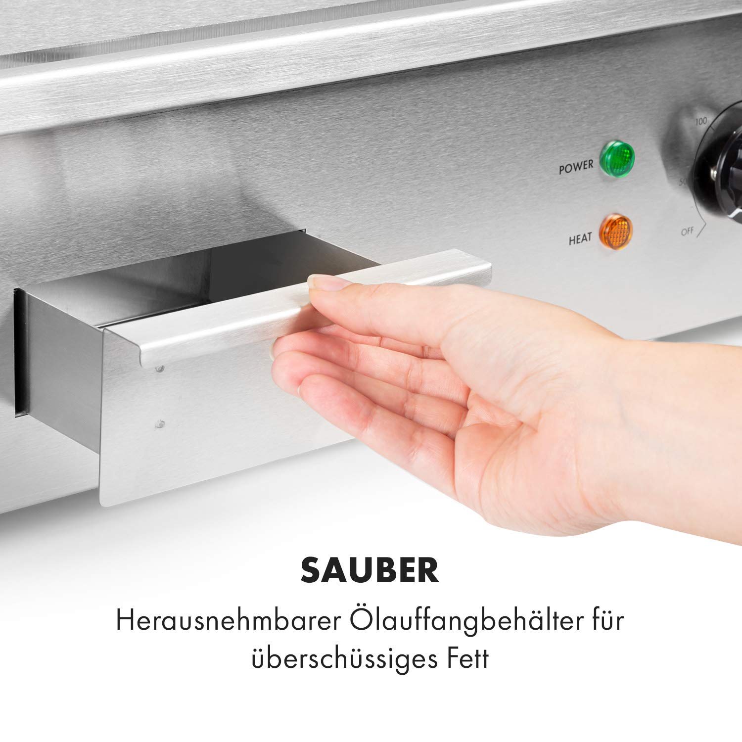 Klarstein Elektrogrill, Grillplatte, Elektrische Grillplatte, Tischgrill, Elektrogrill aus Edelstahl, Spritzschutz & Auffangbehälter, Glatte XL Grillfläche: 54,5x35 cm, Stufenlos 50-300 °C, 3000 Watt