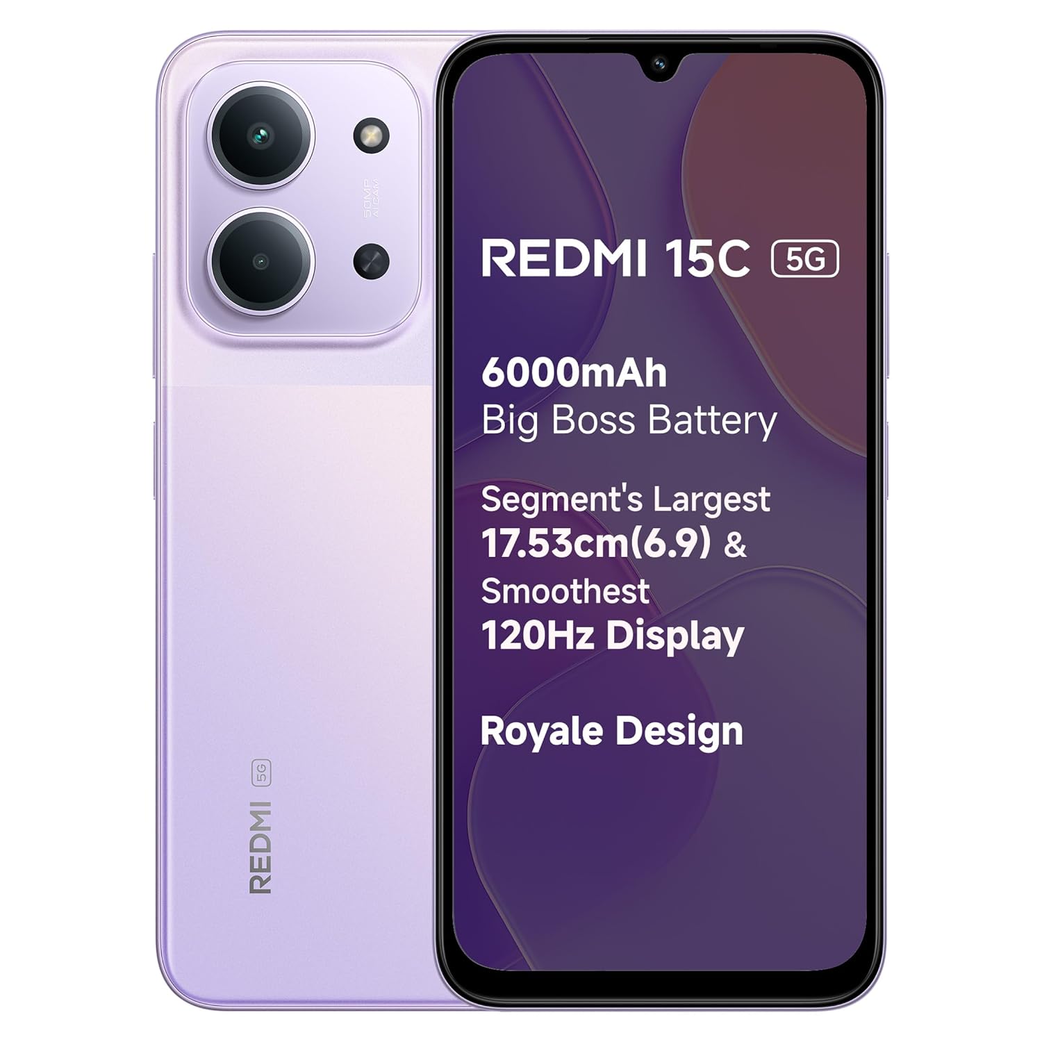 REDMI 15C 5G Dusk Purple 8GB + 128GB | Royale Design | Massive 6000mAh Battery | Segment’s Largest 17.53cm Display Up to 120Hz | MediaTek Dimensity 6300 | 33W Fast Charging | 50MP AI Dual Camera REDMI 15C 5G Dusk Purple 8GB + 128GB | Royale Design | Massive 6000mAh Battery | Segment’s Largest 17.53cm Display Up to 120Hz | MediaTek Dimensity 6300 | 33W Fast Charging | 50MP AI Dual Camera
