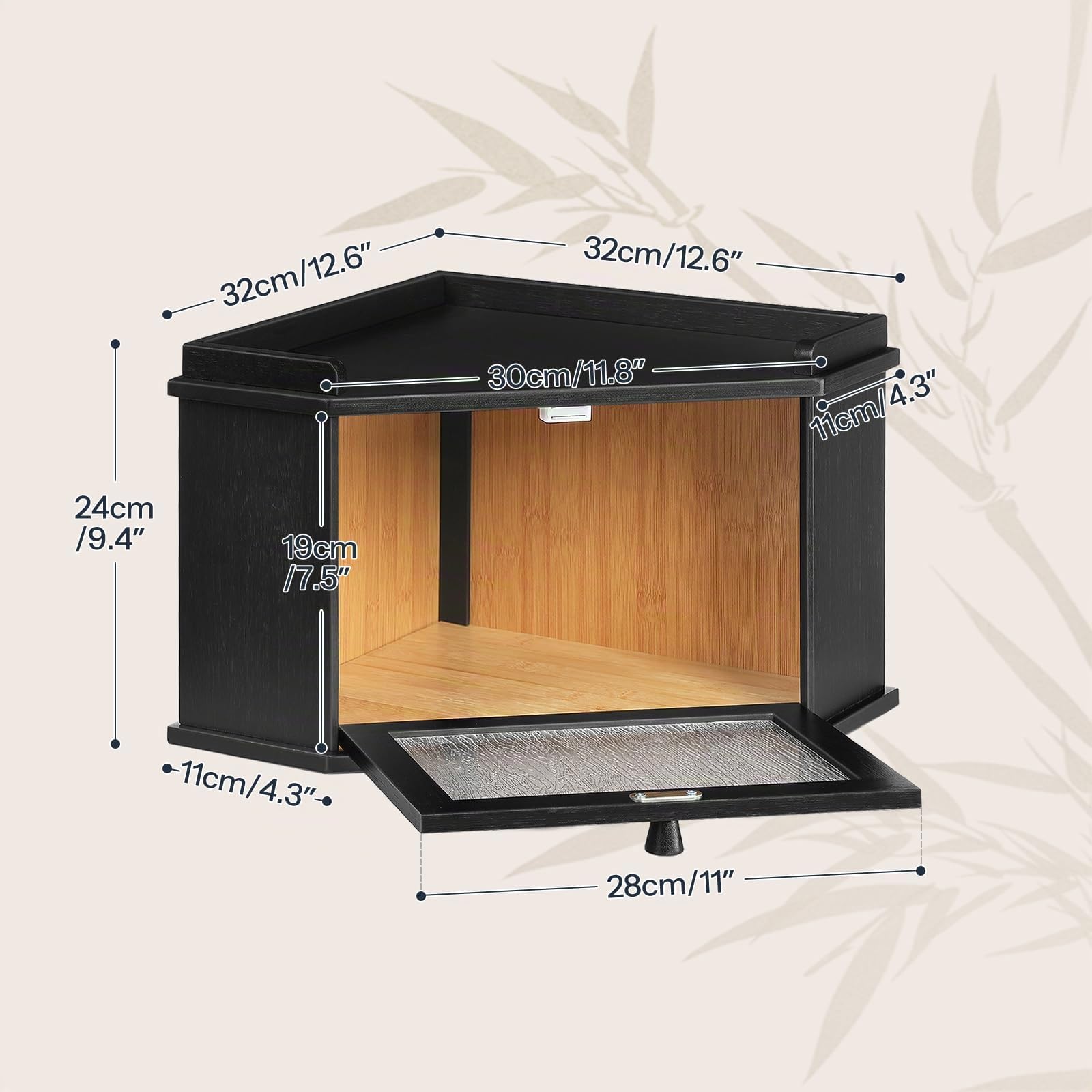 HOOBRO Panera Esquinera de Bambú con Diseño de Ondas de Agua, Caja de Almacenamiento de Pan, para Alimentos, para Cocina y Comedor, 32 x 32 x 24 cm, Negro EBK18MB01