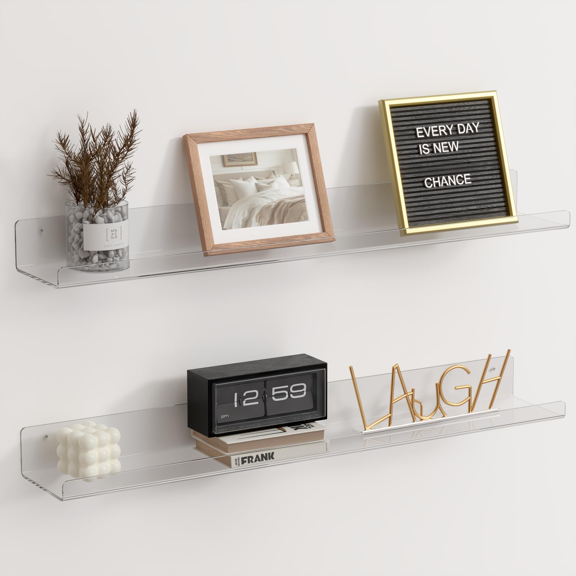 RICHER HOUSE Clear Acrylic Floating Shelves for Wall, 24"x4" Small No Drill Bathroom Shelf, Self-Adhesive or Screws for Vinyl Record, Collection, Room Décor Shelves for Bedroom,Office,Kitchen，2 Pack