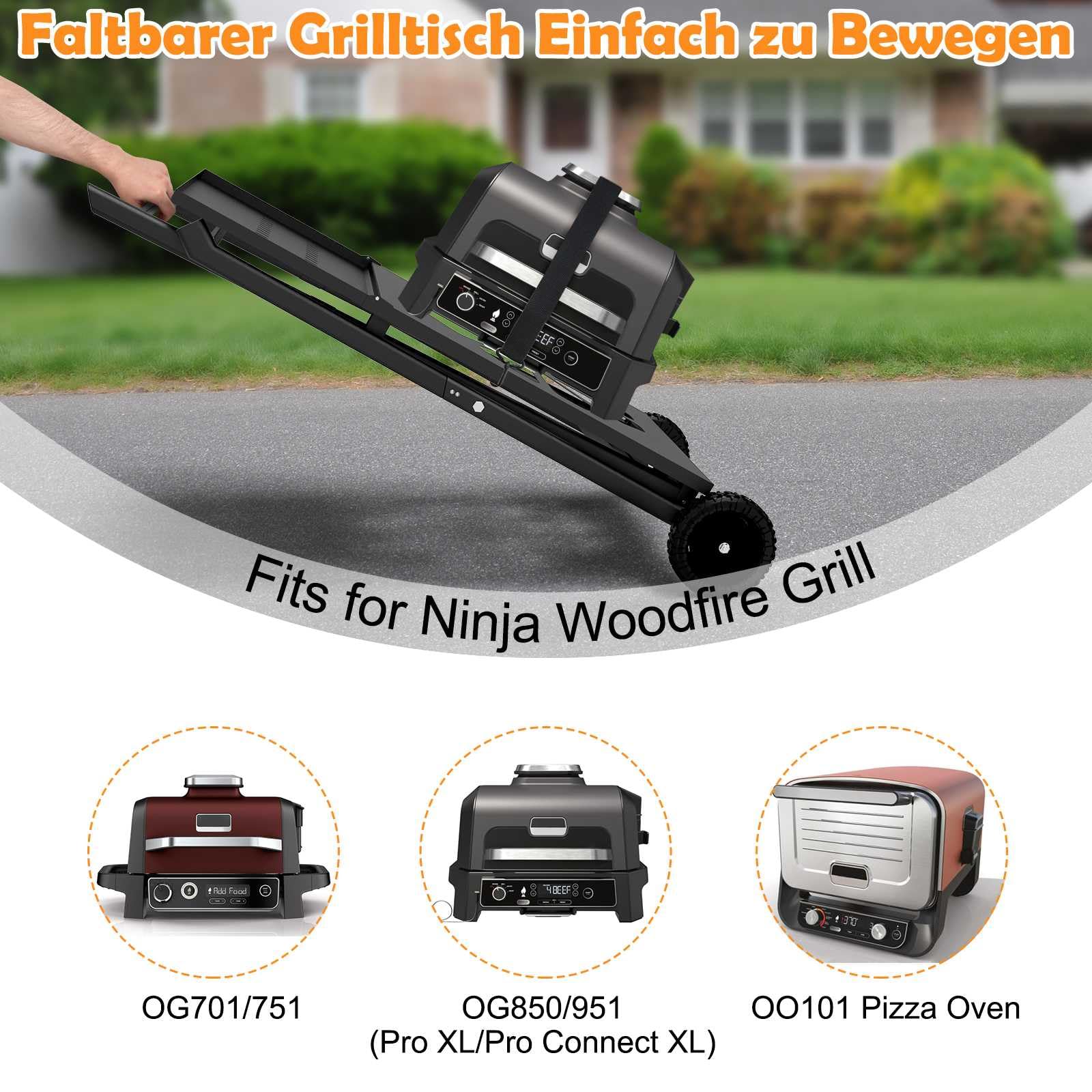 Support de Barbecue Pliable pour Ninja Woodfire OG701/OG850/OG951, Chariot Plancha Extérieur Universel avec Table Latérale et Crochets, Noir