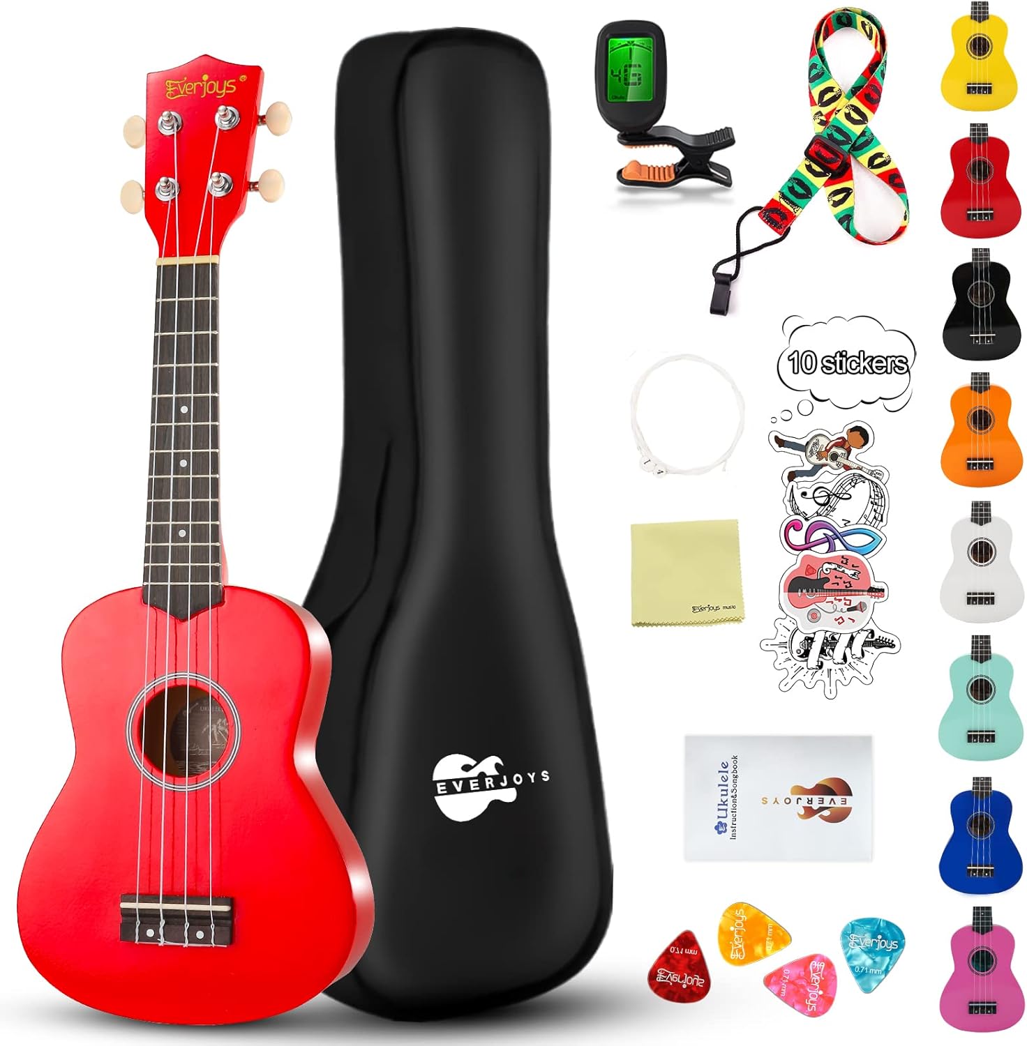 Soprano Ukulele Beginner Kit for Kids Adult Student 21 Inch Ukelele w/Free Online Lesson Gig Bag Strap String Tuner Songbook Pick Polishing Cloth, Rainbow Series Ukalalee(Shinny Red? 21 inch Shinny Red