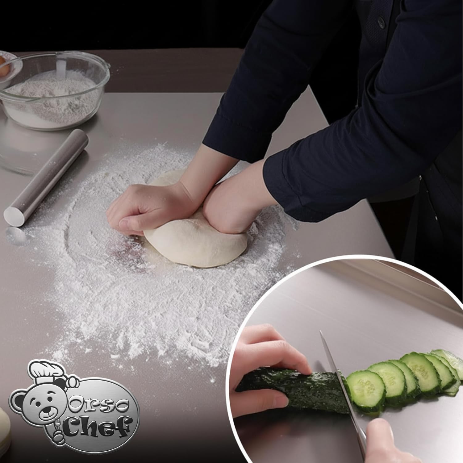 Spianatoia per impastare in Acciaio Inox 100 x 50 – Piano da Lavoro Professionale per Cucina, Pizzeria e Ristorante – Tagliere Pane, Pizza, Focaccia e Pasta – SET con tappetino antiscivolo e spatola