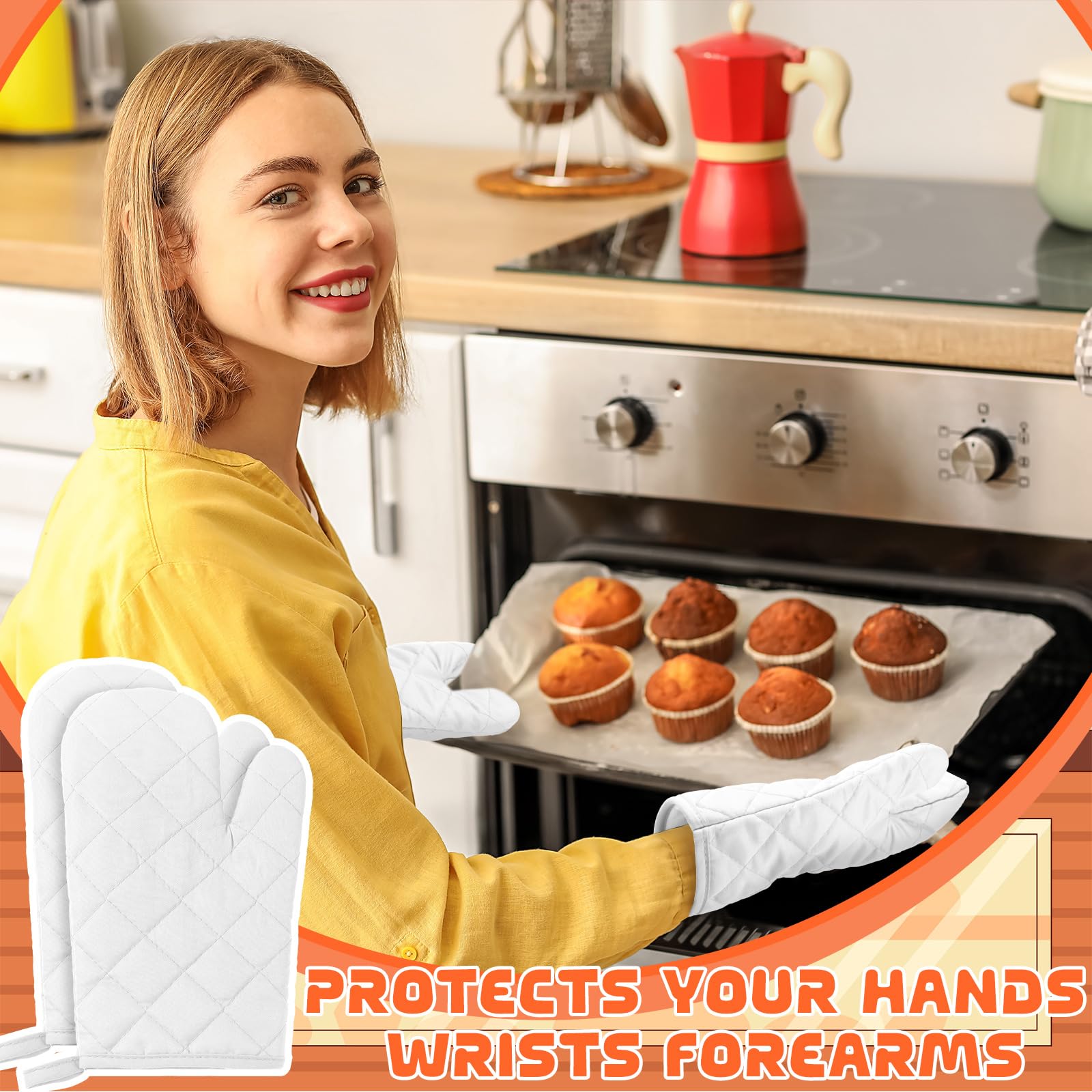 6 pares de guantes de horno resistentes al calor, guantes de cocina de 11 pulgadas de largo, acolchados, de algodón y poliéster, para cocinar, hornear, asar a la parrilla (blanco)