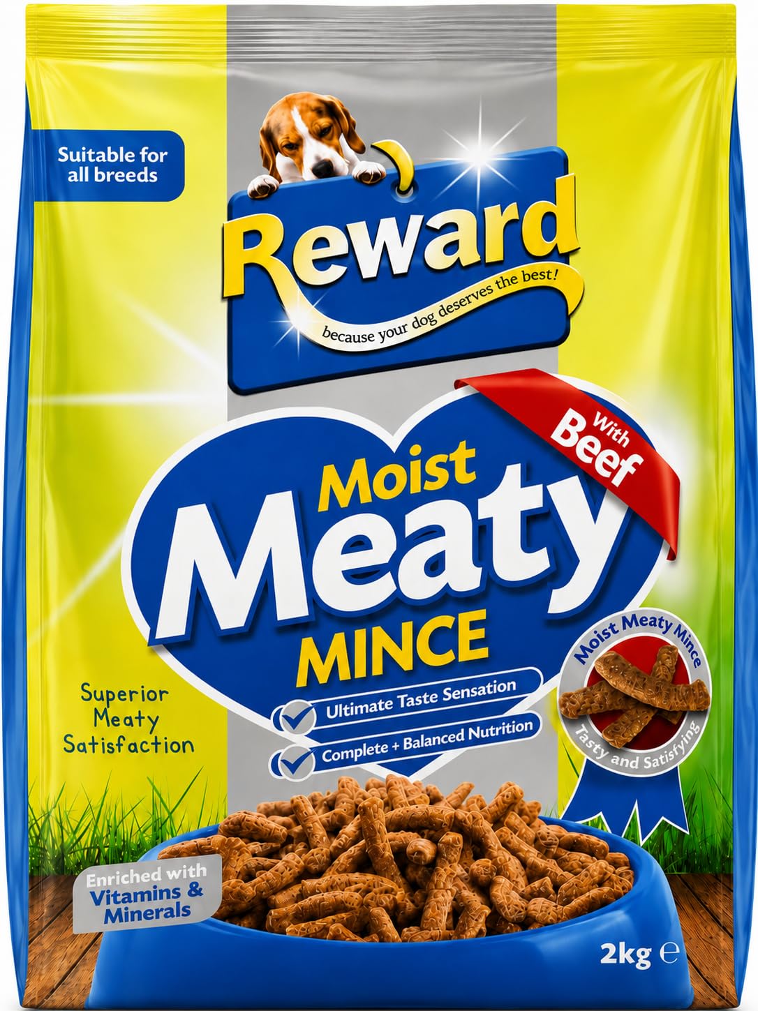 Reward Moist Meaty Mince with Beef Dog Food 2kg, Complete & Balanced Adult Dog Food, Soft Semi-Moist Mince Style Dog Food, Beef Flavour, Suitable for All Breeds