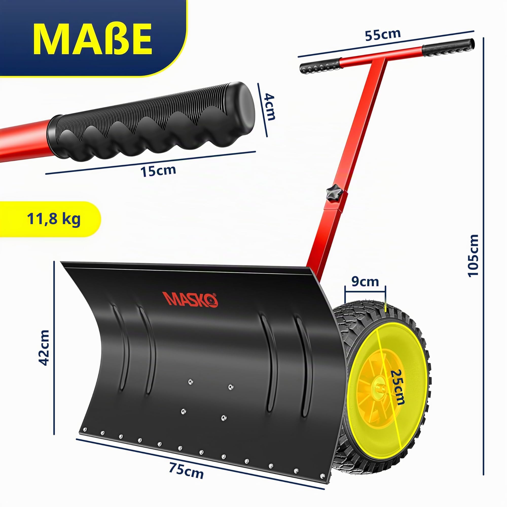MASKO® Pelle à Neige sur Roues réglable en Hauteur – 5 Positions de Hauteur réglable – Pelle à Neige pour Le Dos – Pelle à Neige – Hauteur de Travail : 42 cm, Pliable pour économiser de l'espace