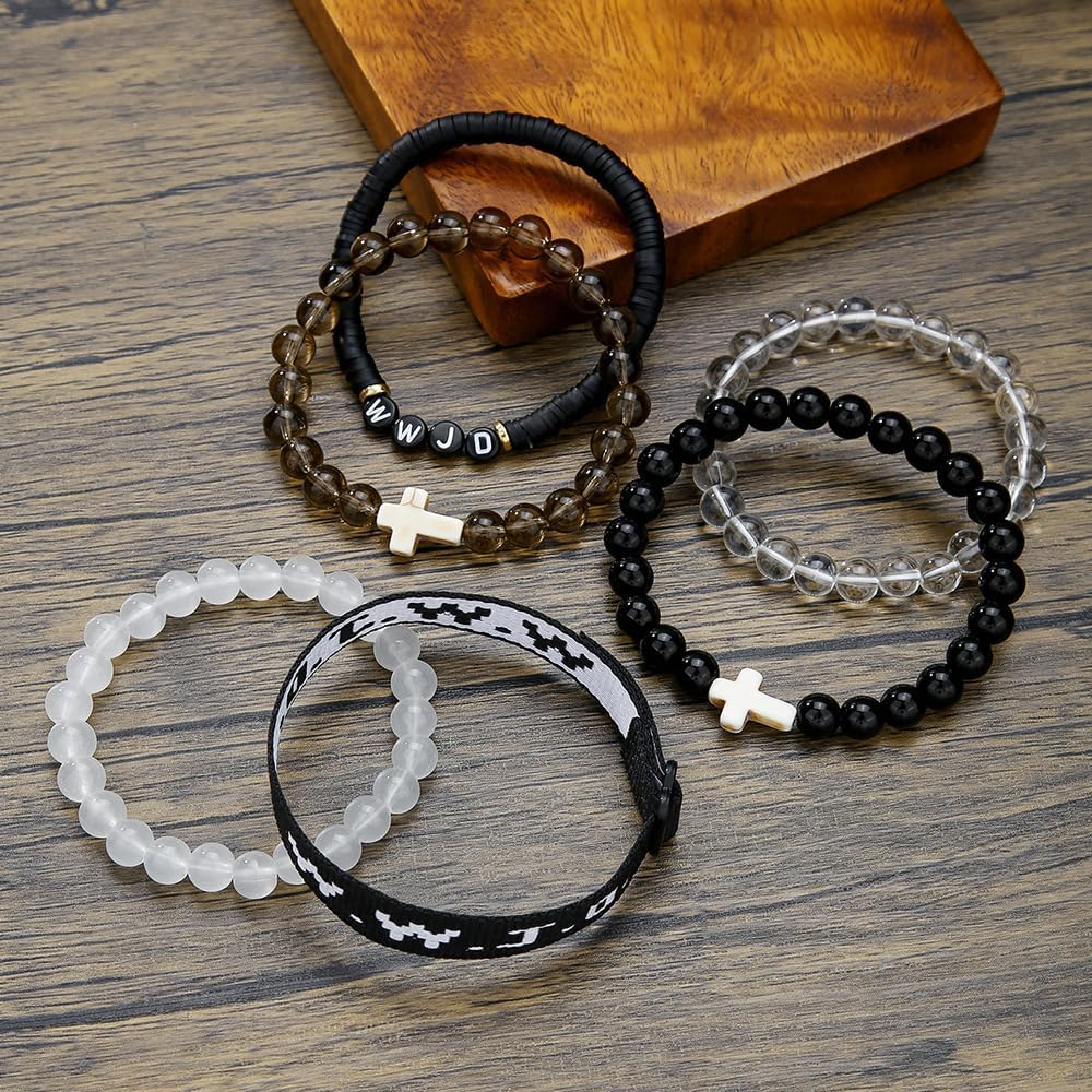 Pingyongchang W.W.J.D. Cross Bracelets Set for Women Men Boho Clay Glass Beaded Stackable Stretch Bracelets What Wound Jesus Do Bracelet Christian Religious Faith Jewelry Gift - Image 3
